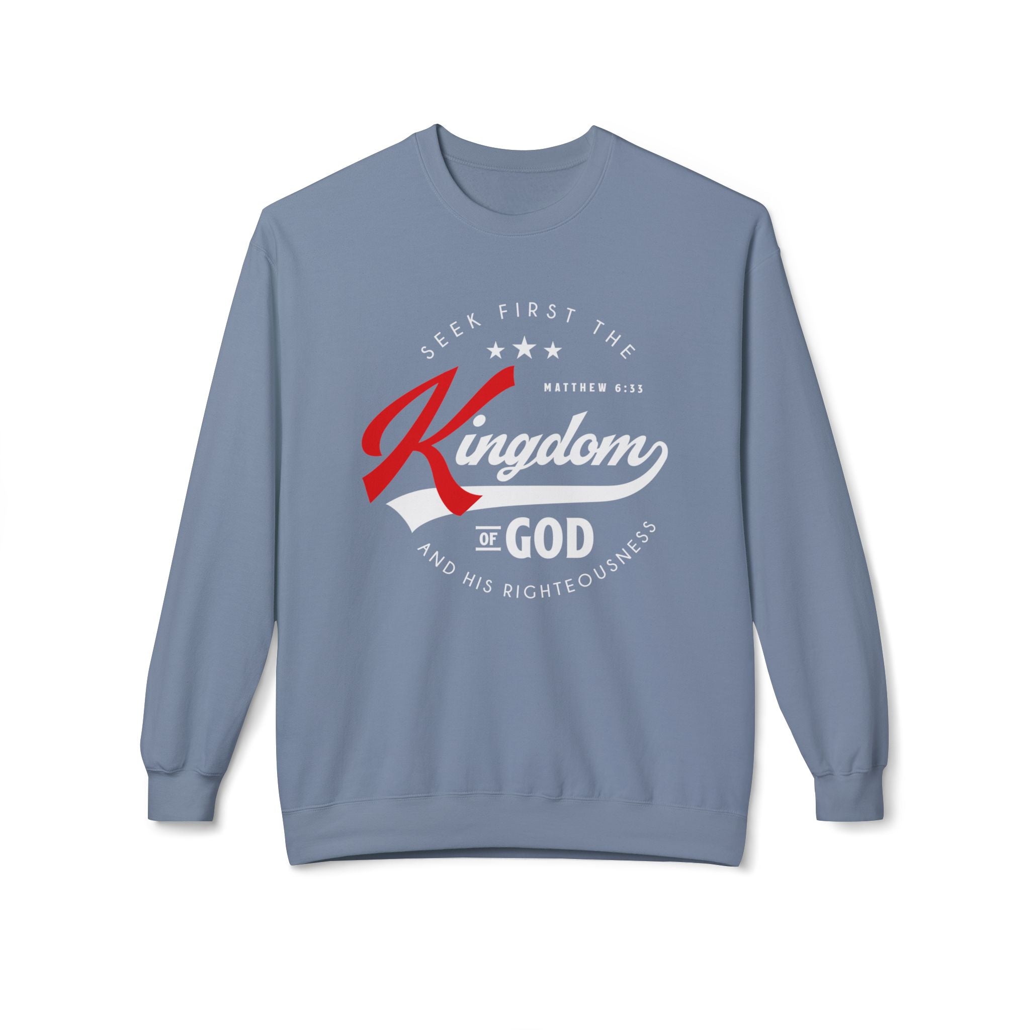 Unisex midweight softstyle fleece crewneck sweatshirt featuring a "Seek First the Kingdom of God" print, by Printify.