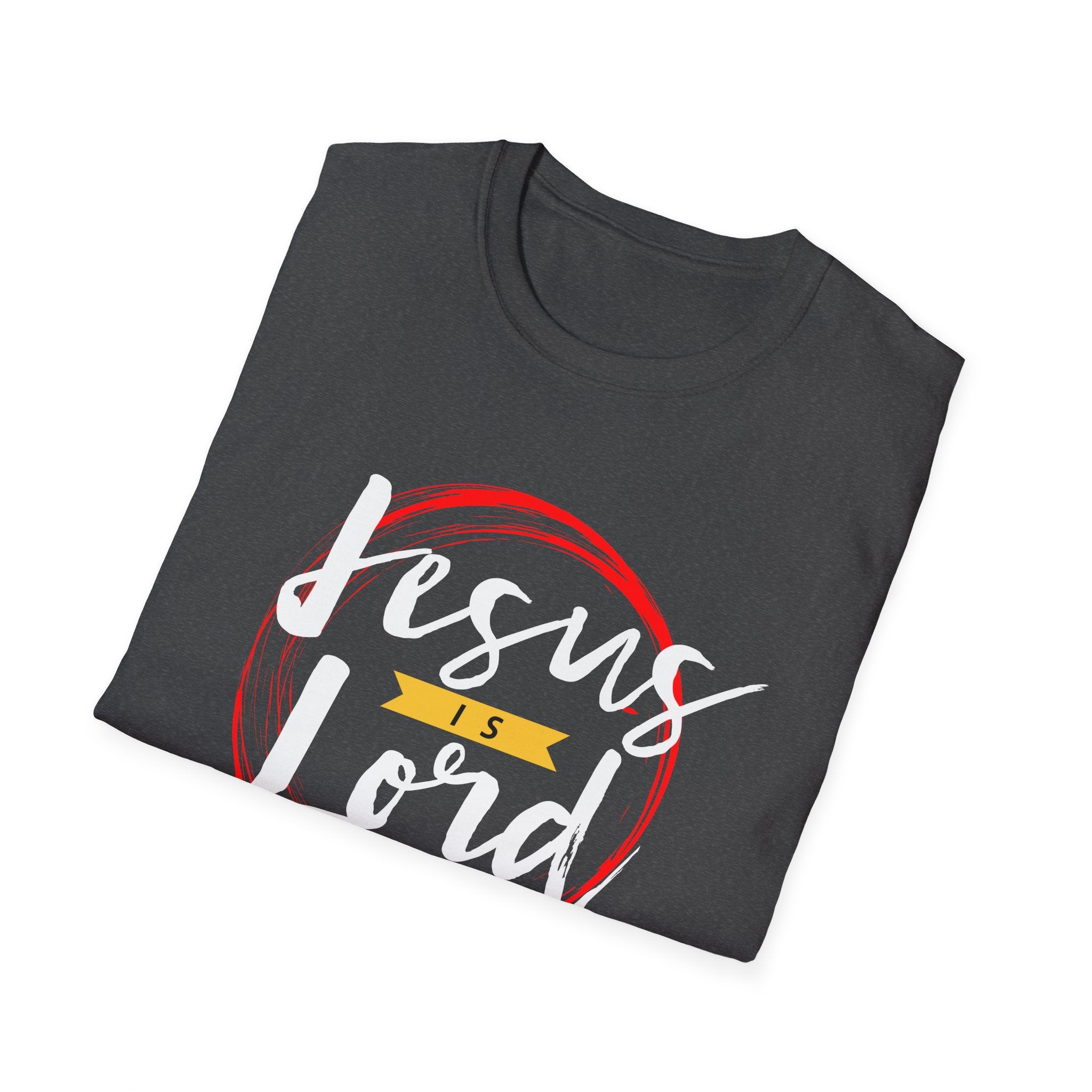 Unisex softstyle T-shirt with "Jesus is Lord" print, featuring a comfortable fit and casual style from Printify.