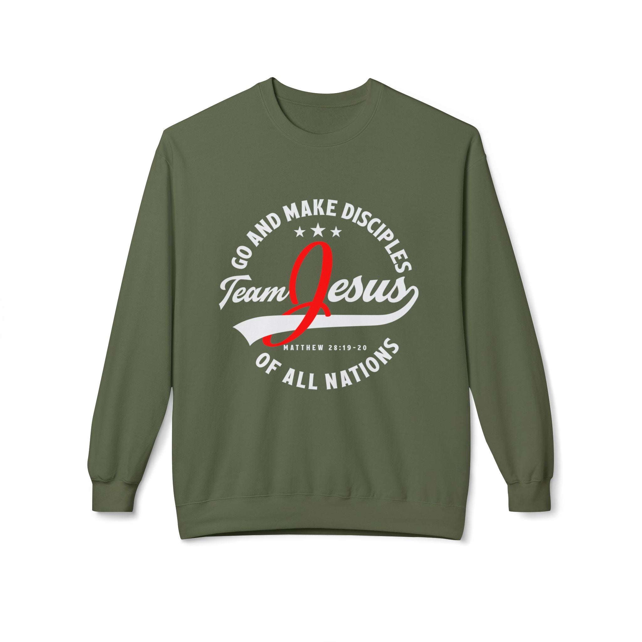 Unisex midweight softstyle fleece crewneck sweatshirt with "Team Jesus" print, comfortable casual wear from Printify.
