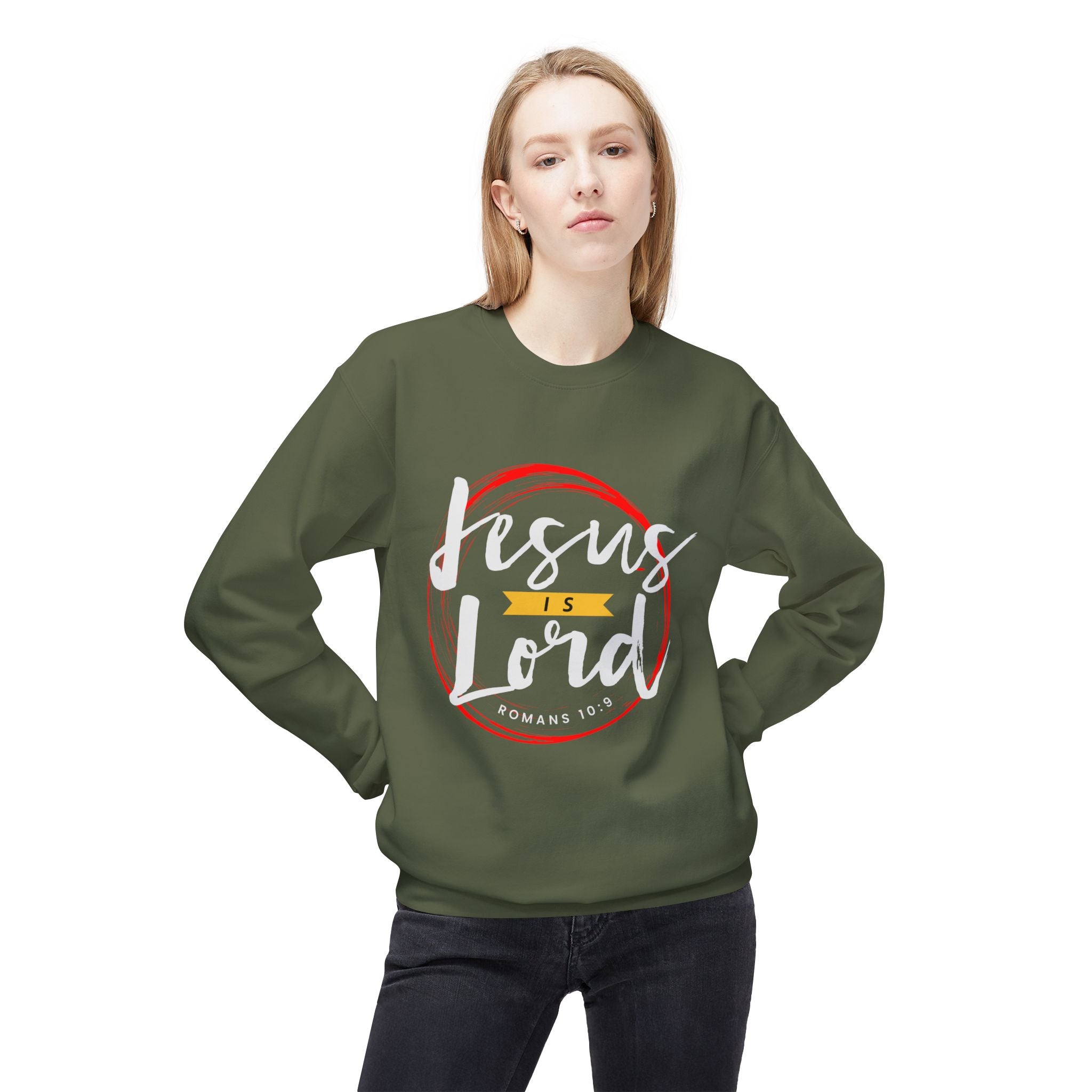 Unisex midweight softstyle fleece crewneck sweatshirt with "Jesus is Lord" printed design, in a cozy, comfortable fit.