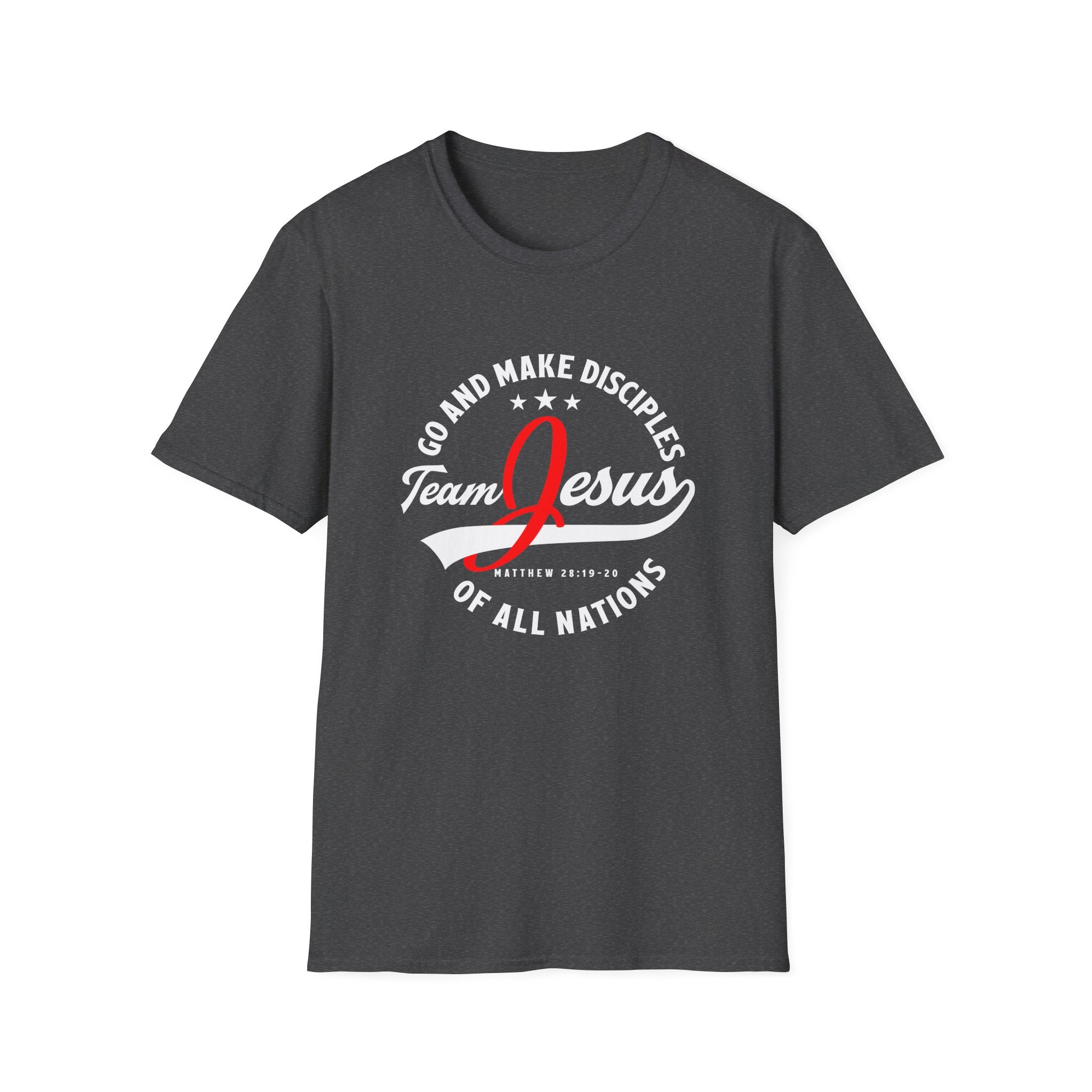 Unisex softstyle T-shirt featuring "Team Jesus" graphic, made by Printify, shown on a plain background.