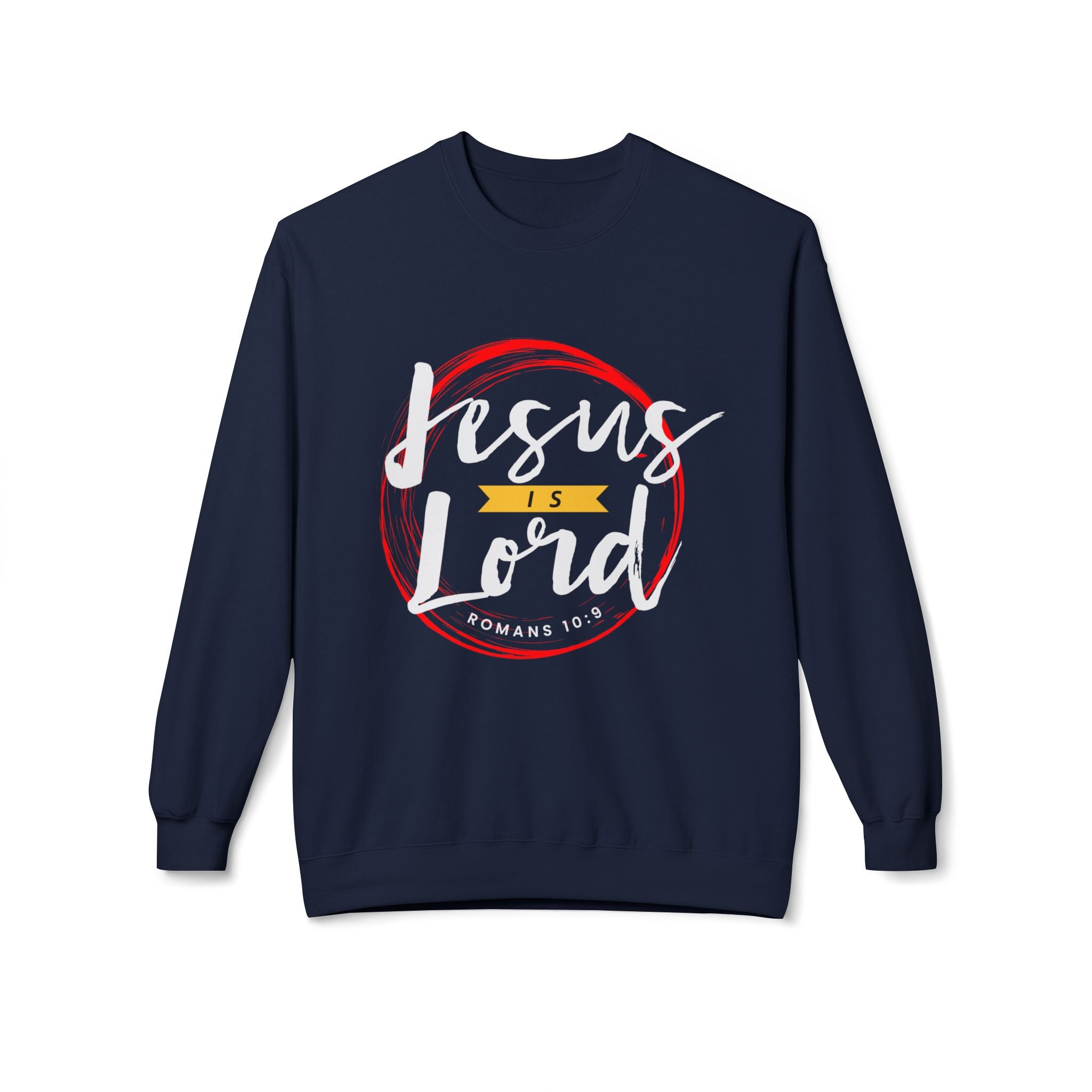 Unisex midweight softstyle fleece crewneck sweatshirt with "Jesus is Lord" print, featuring a cozy fit and comfortable design.