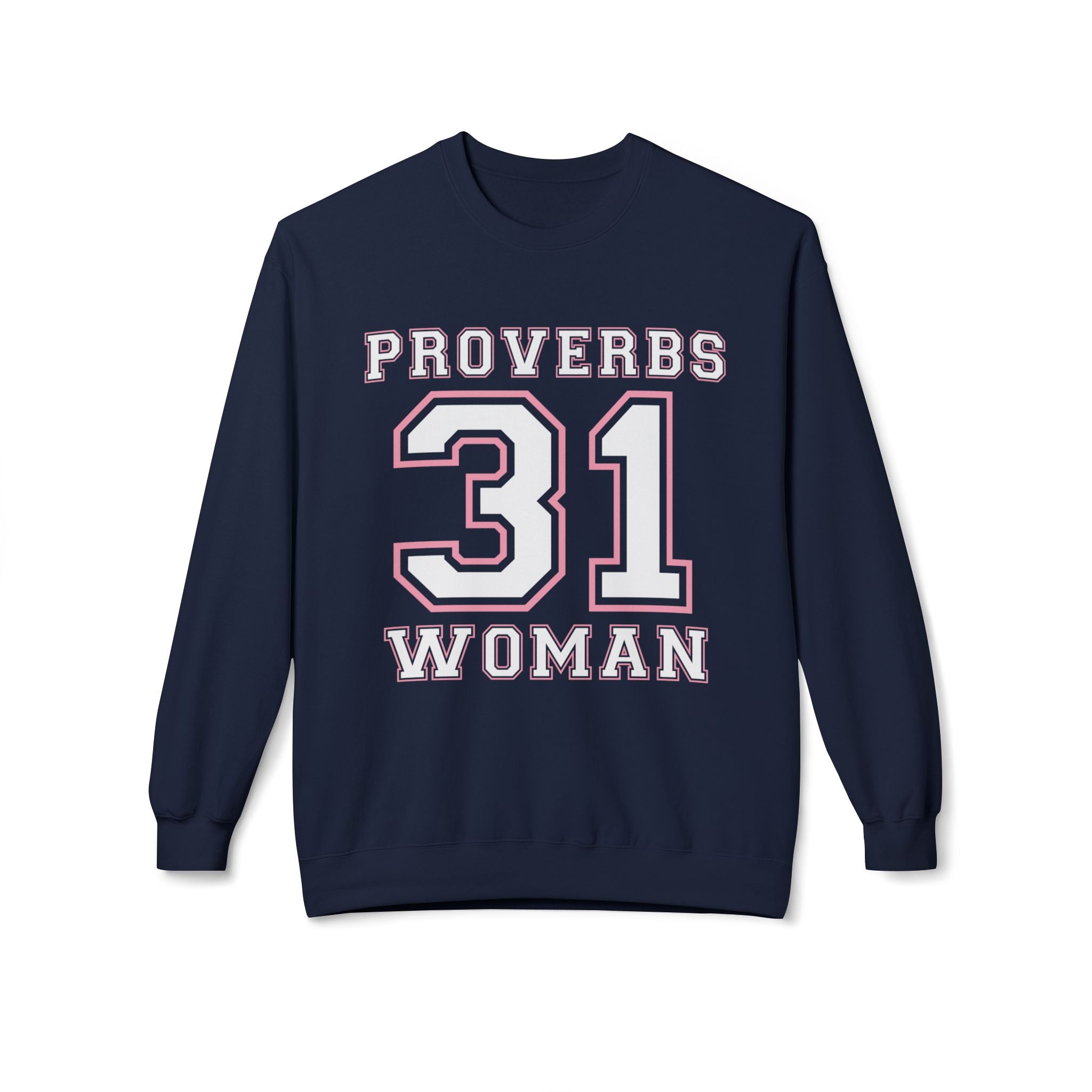 Unisex midweight softstyle fleece crewneck sweatshirt with Proverbs 31 Woman design, made by Printify, showing the front view.