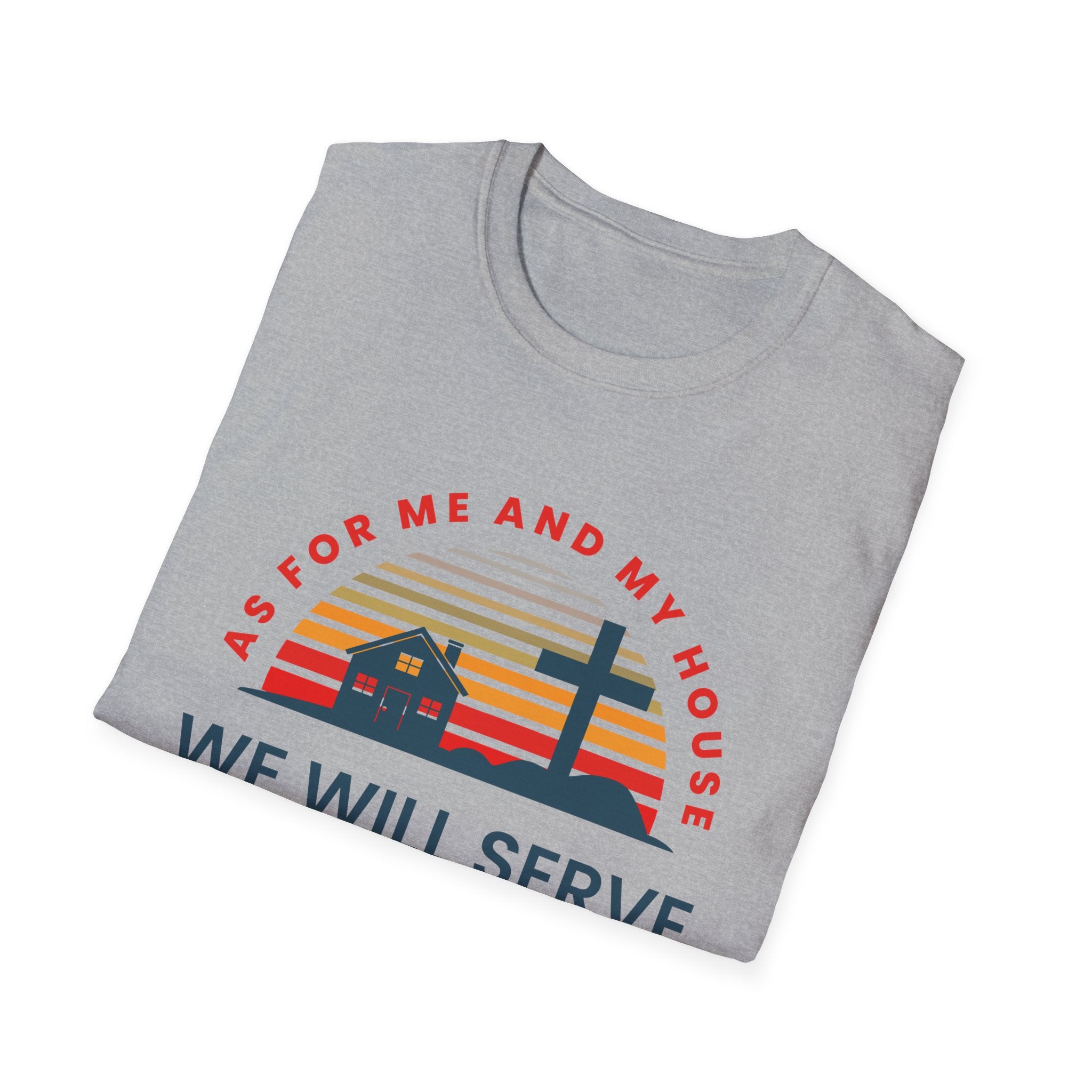 Unisex softstyle T-shirt with Christian scripture print "As for Me and My House We Will Serve the Lord" by Printify.