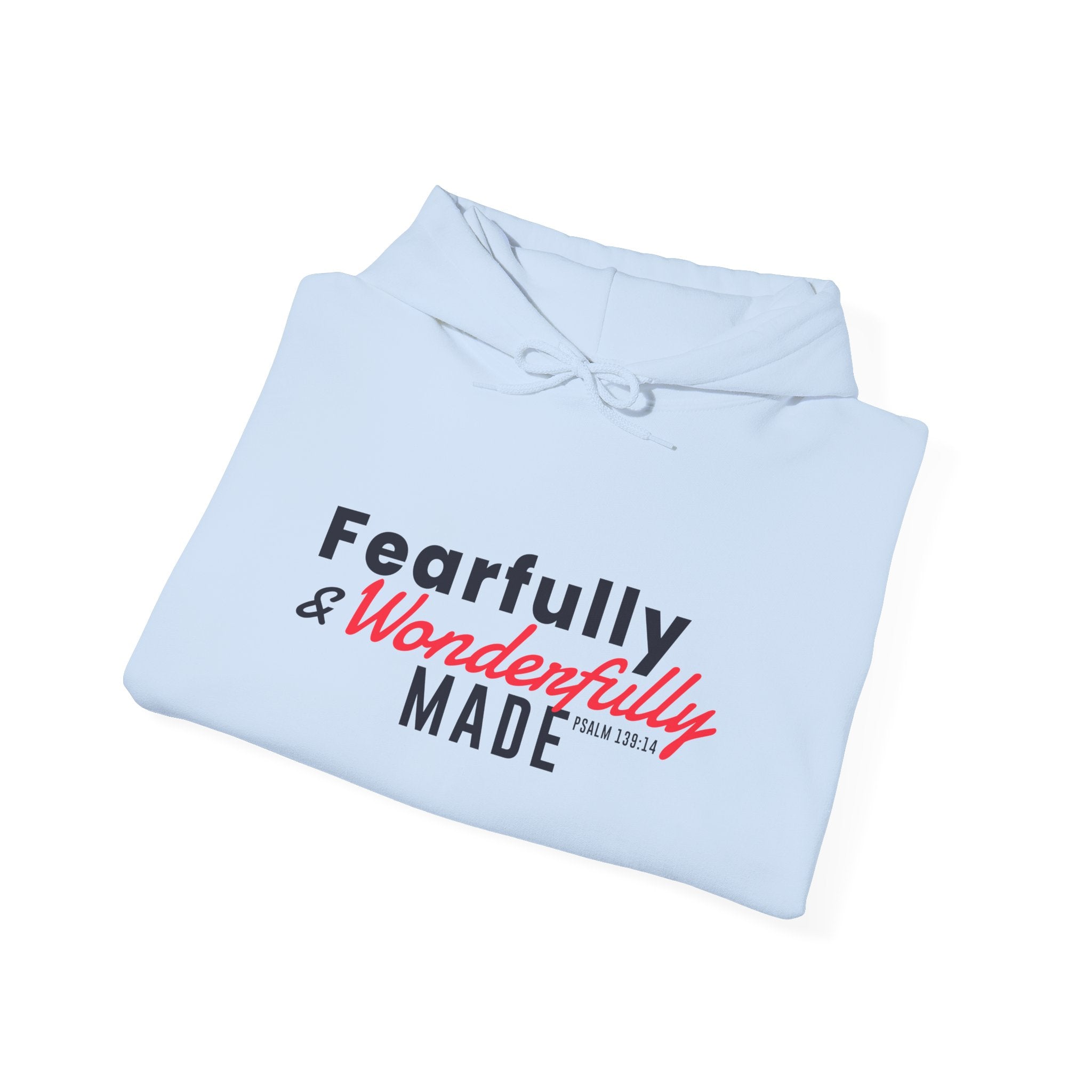 Unisex Heavy Blend™ hoodie with "Fearfully and Wonderfully Made" print, featuring a hood, front pocket, and casual fit.