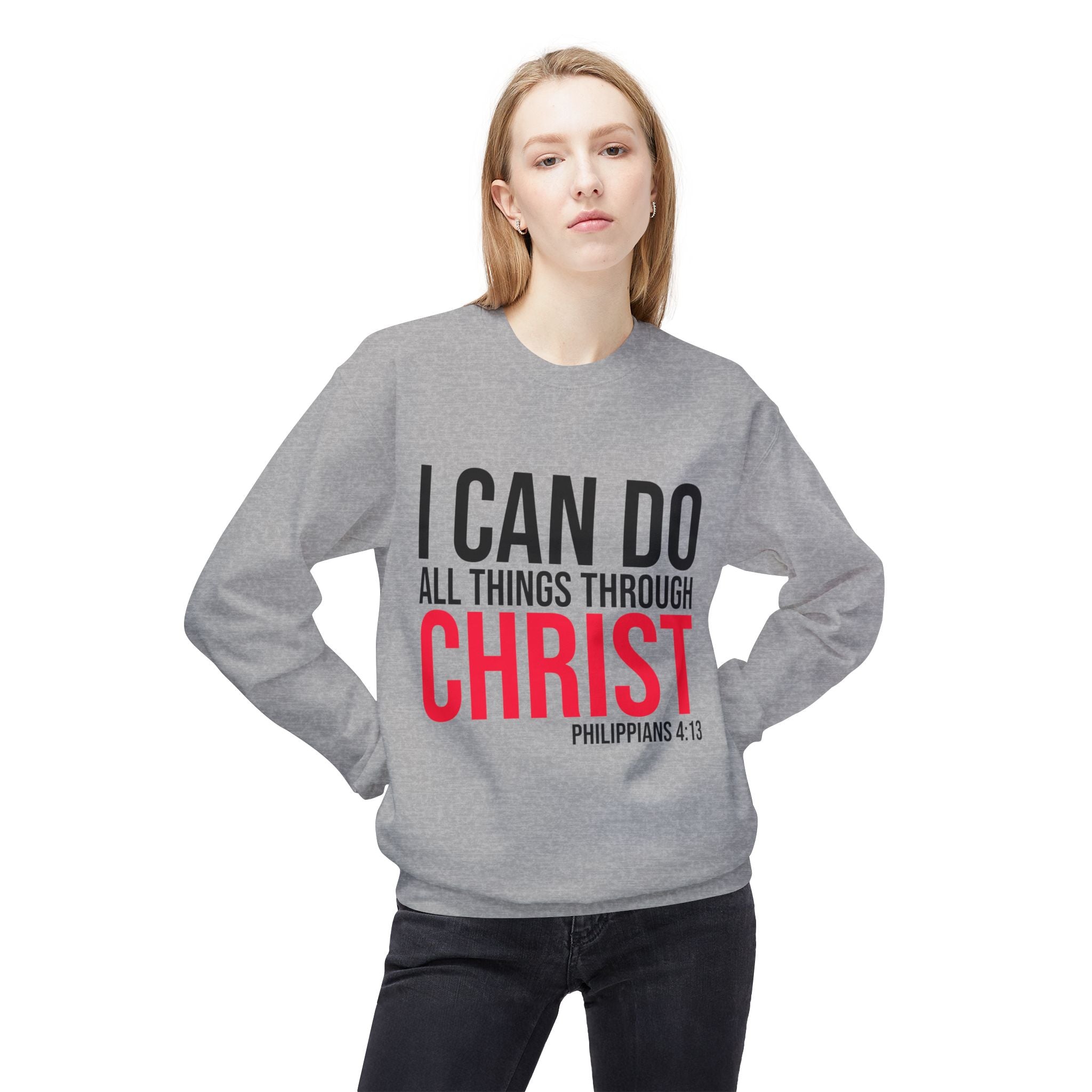 Unisex midweight softstyle fleece crewneck sweatshirt with inspirational "I Can Do All Things Through Christ" print by Printify