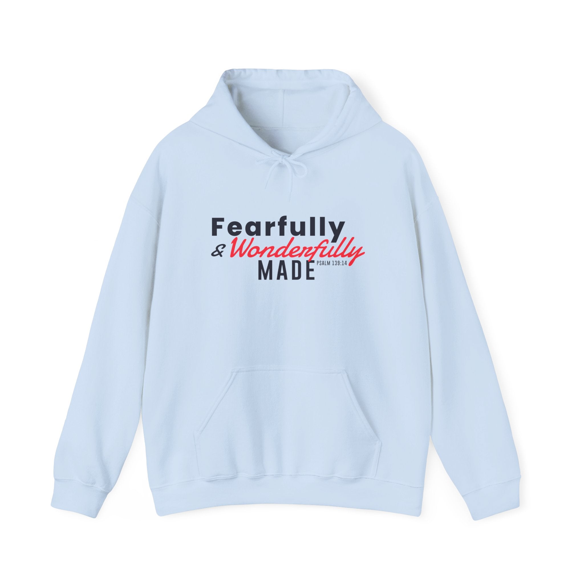 Unisex Heavy Blend hoodie featuring the "Fearfully and Wonderfully Made" design, in gray fabric with a front pocket and drawstring hood.