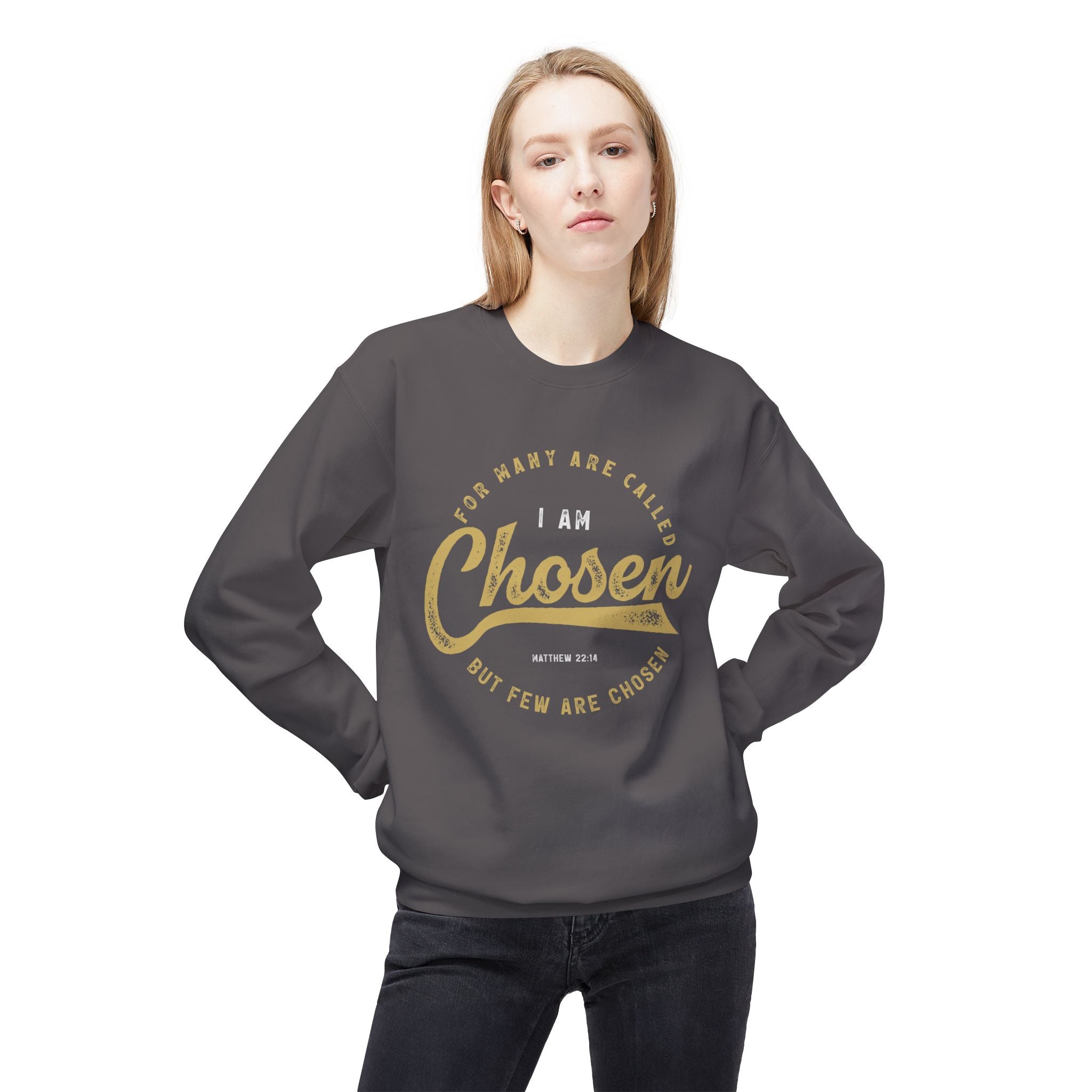 Unisex midweight softstyle fleece crewneck sweatshirt with "I Am Chosen" print in black on gray fabric, comfortable casual wear.