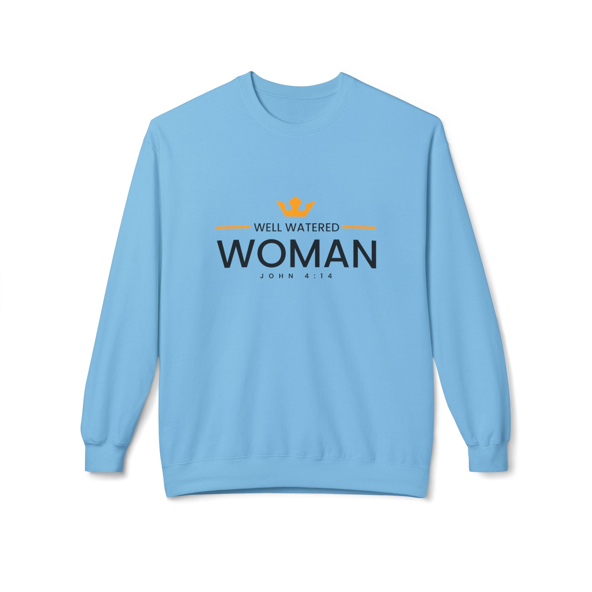 Unisex midweight softstyle fleece crewneck sweatshirt featuring a well-watered woman design by Printify, shown in black fabric.