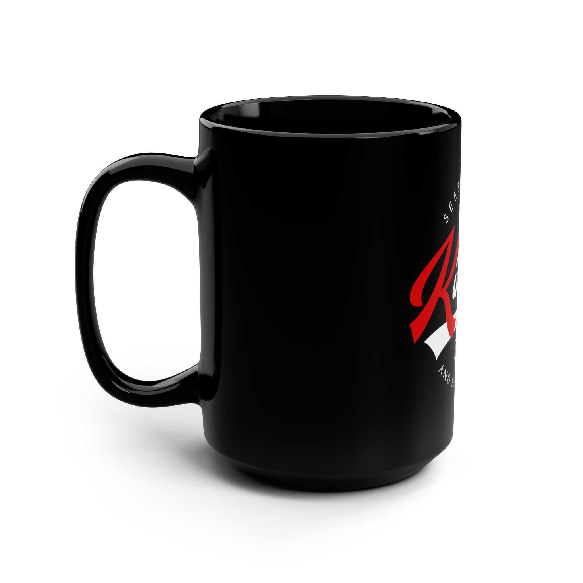 Black 15oz ceramic mug with "Seek First the Kingdom of God" quote, featuring a bold design from Printify.