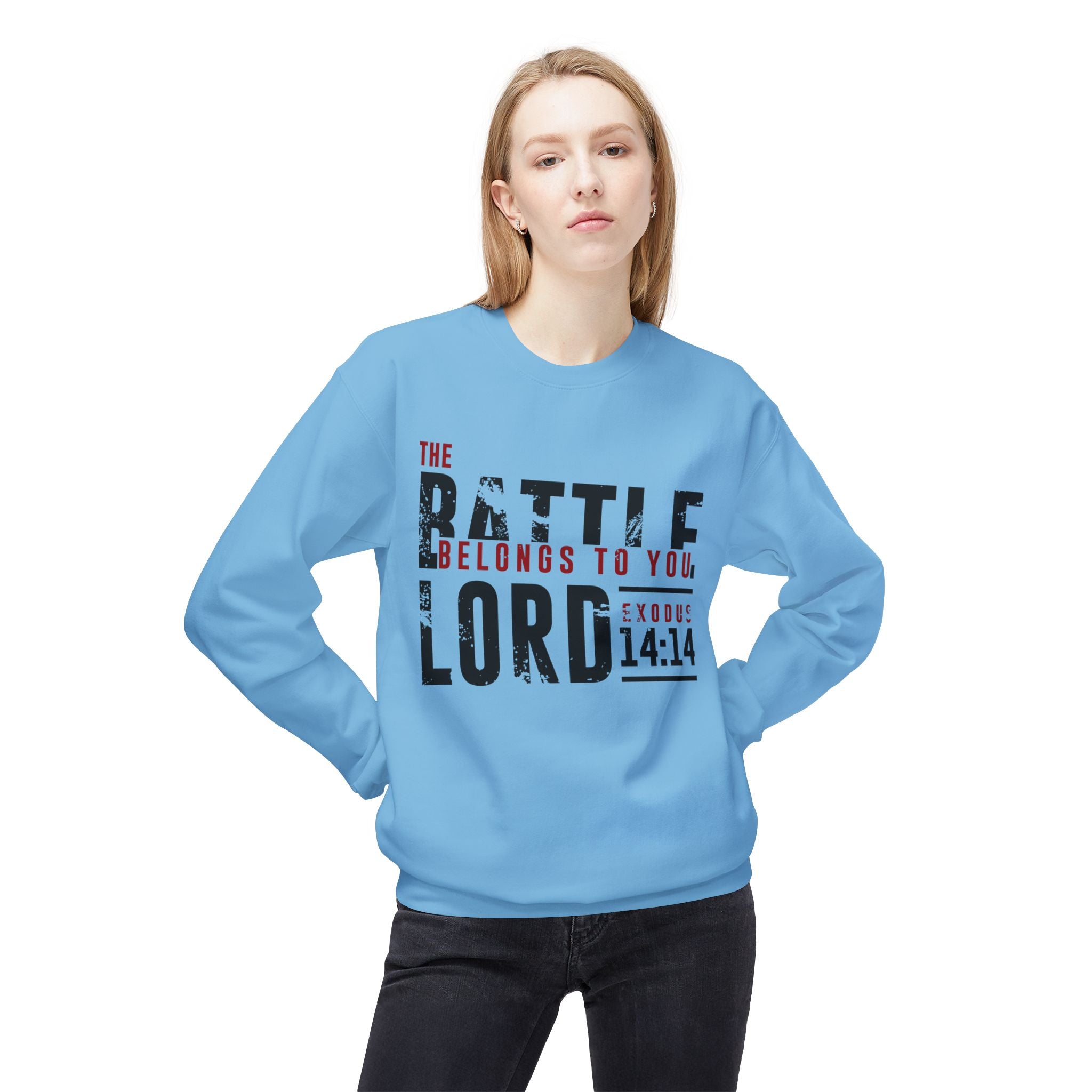 Unisex midweight softstyle fleece crewneck sweatshirt with Christian-themed design and text "The Battle Belongs to the Lord" in black.