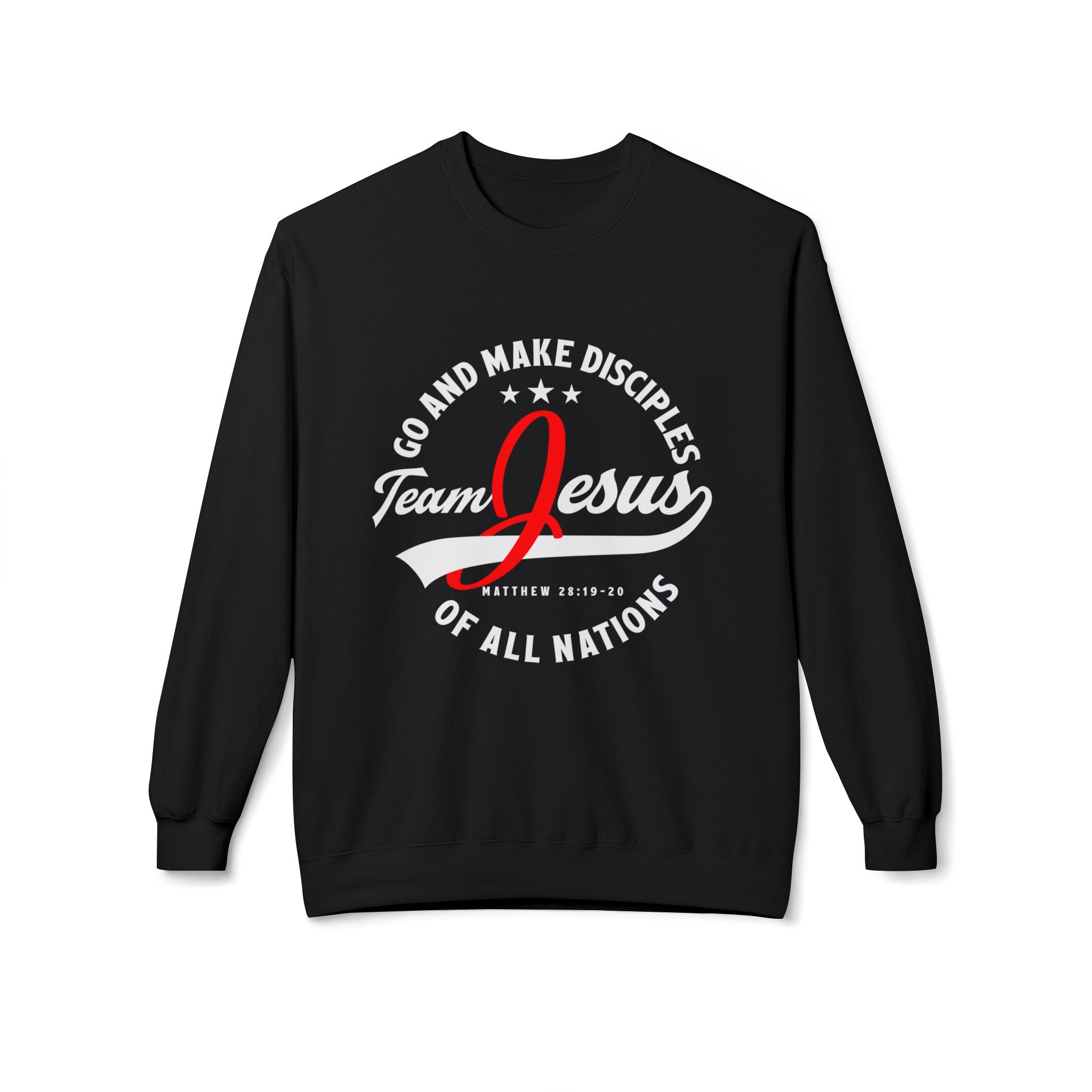 Unisex midweight softstyle fleece crewneck sweatshirt with "Team Jesus" print, casual fit, black color, and comfortable fabric.