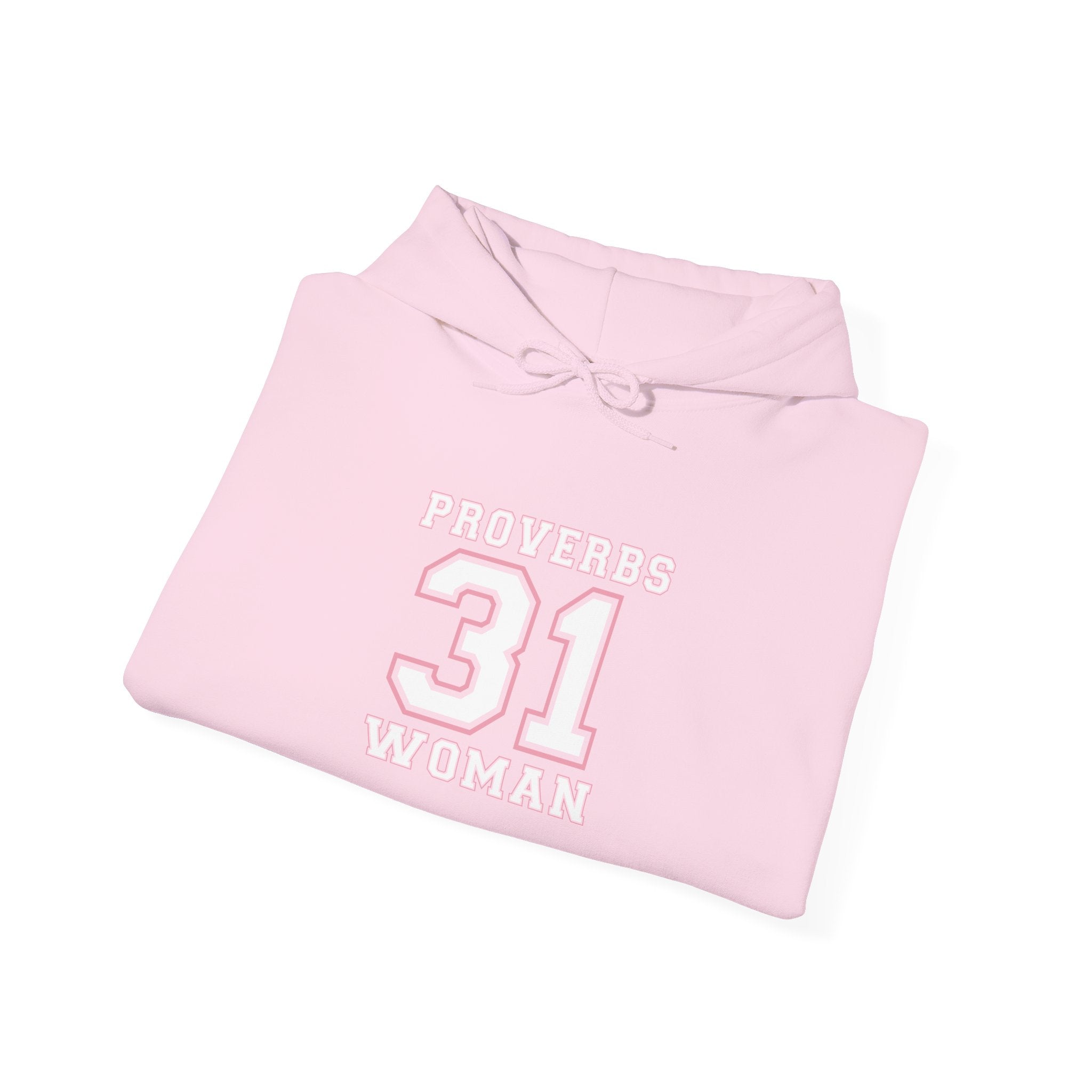 Unisex Heavy Blend™ Hoodie with Proverbs 31 Woman quote, featuring a front print and a drawstring hood, black color.