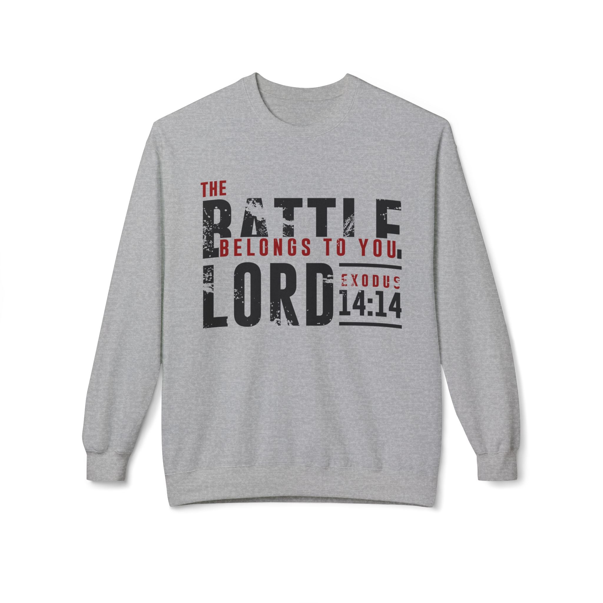 Unisex midweight softstyle fleece crewneck sweatshirt with "The Battle Belongs to the Lord" printed design, by Printify.
