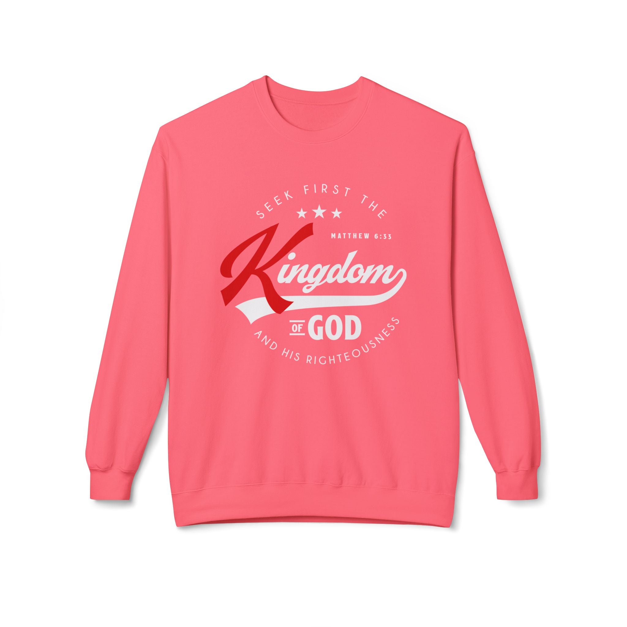 Unisex midweight softstyle fleece crewneck sweatshirt with "Seek First the Kingdom of God" print, by Printify.