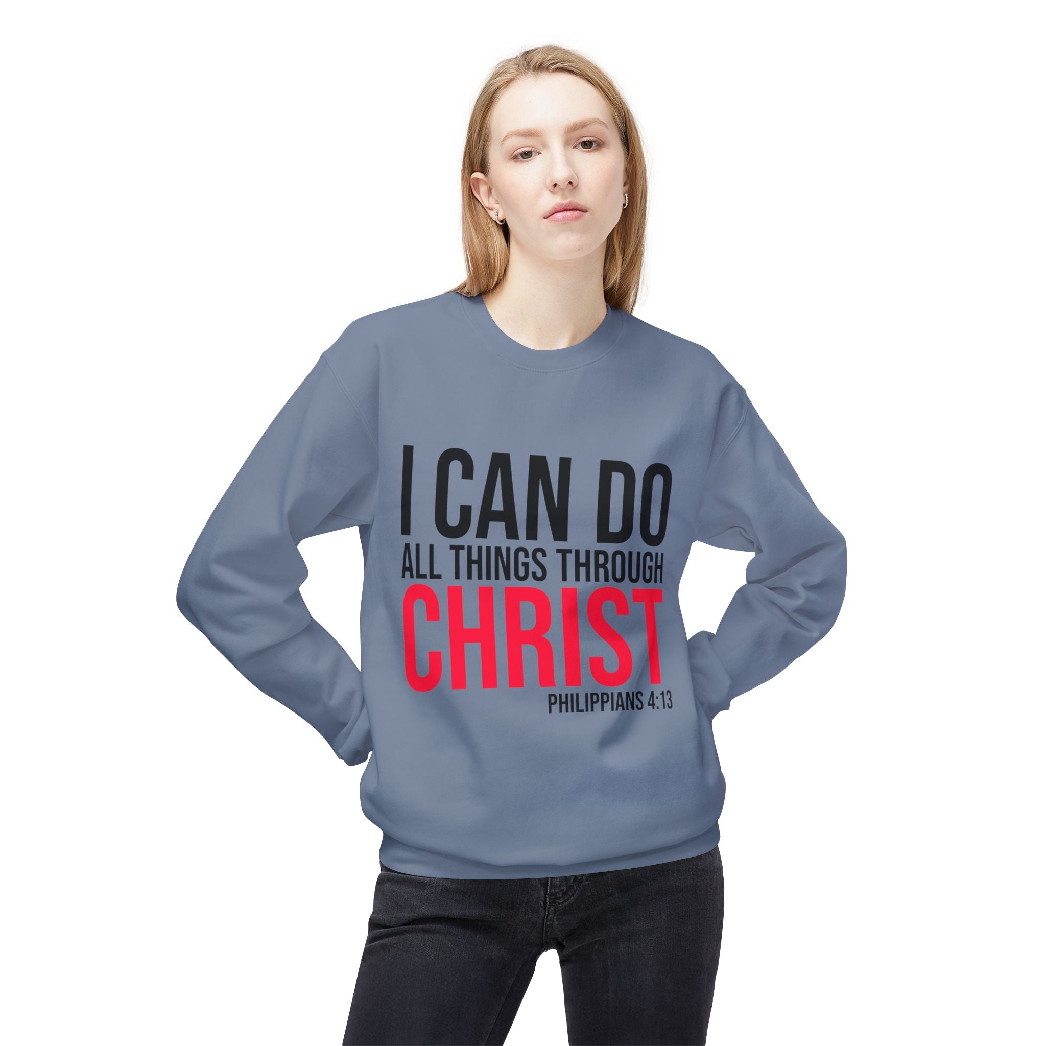 Unisex midweight softstyle fleece crewneck sweatshirt with inspirational "I Can Do All Things Through Christ" print by Printify.