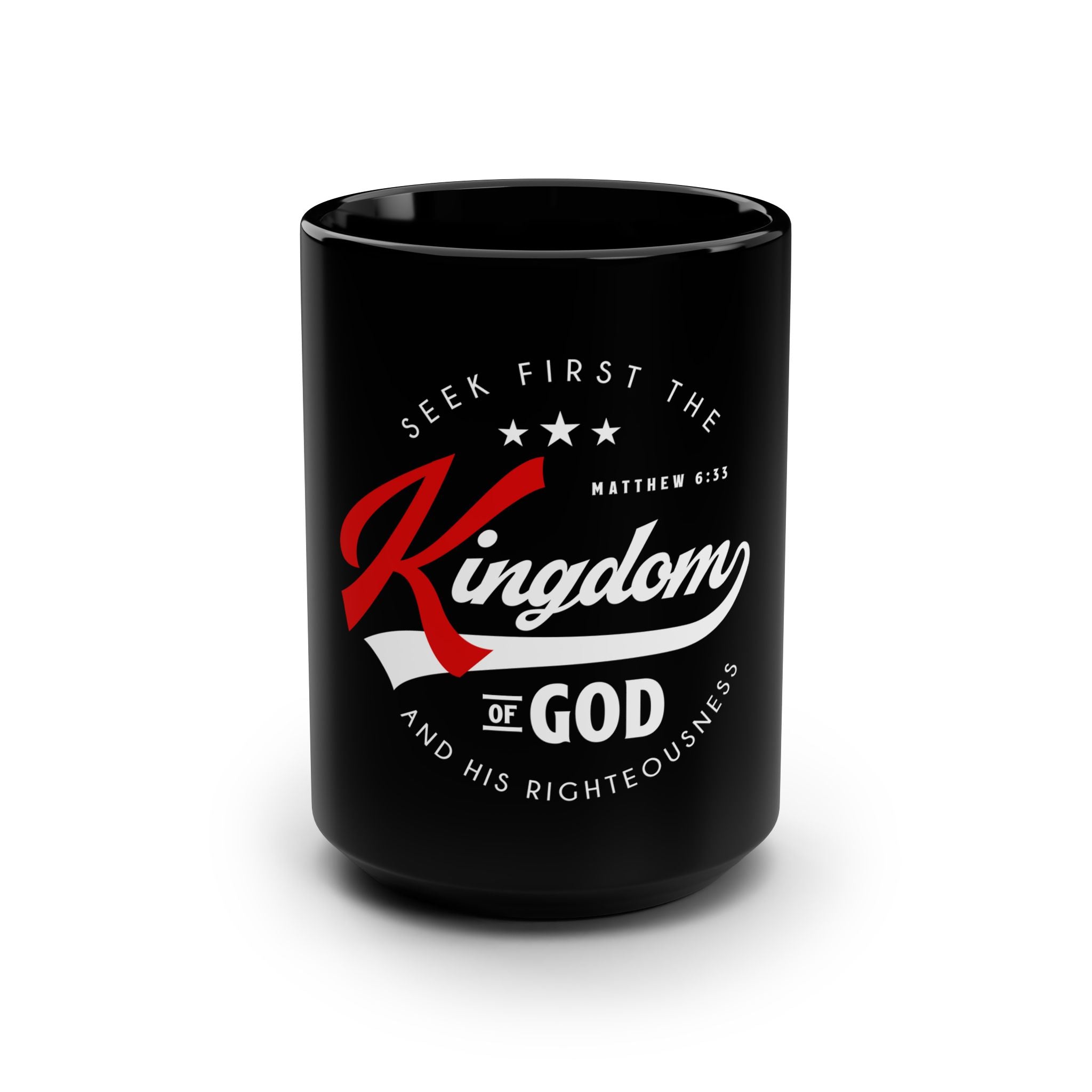 Black 15oz ceramic mug featuring the Bible verse "Seek First the Kingdom of God" in white text, made by Printify.