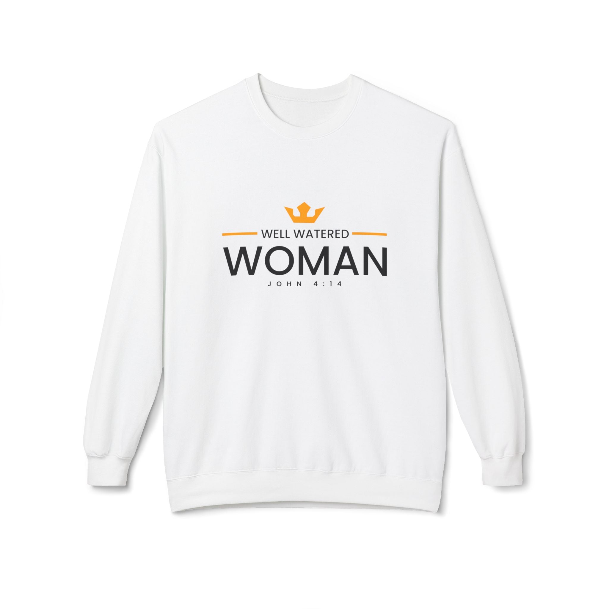 Unisex midweight softstyle fleece crewneck sweatshirt with "Well Watered Woman" design, printed by Printify, shown on a plain background.