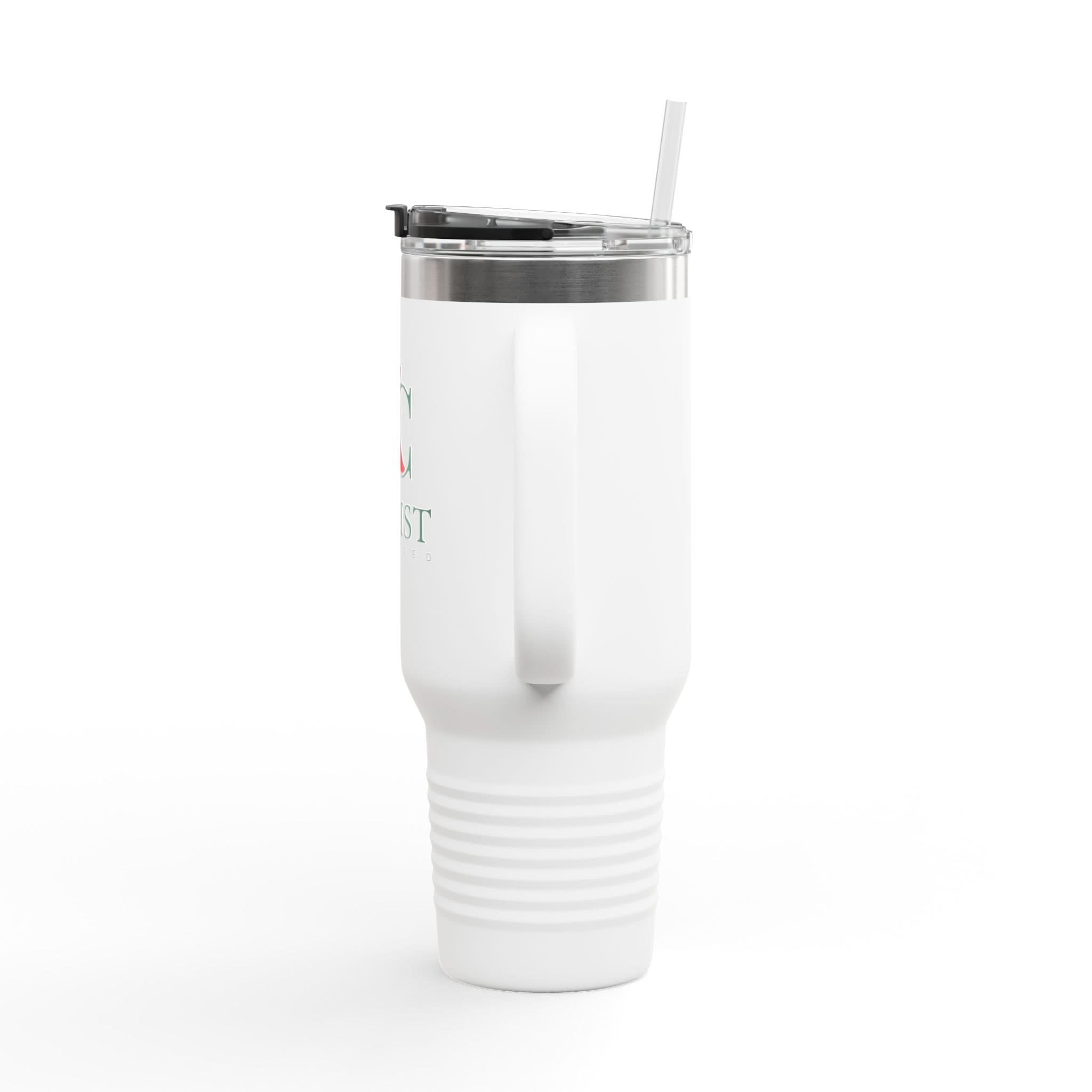 Printify insulated 40oz travel mug with stainless steel body and black lid, designed for hot and cold beverages on the go.