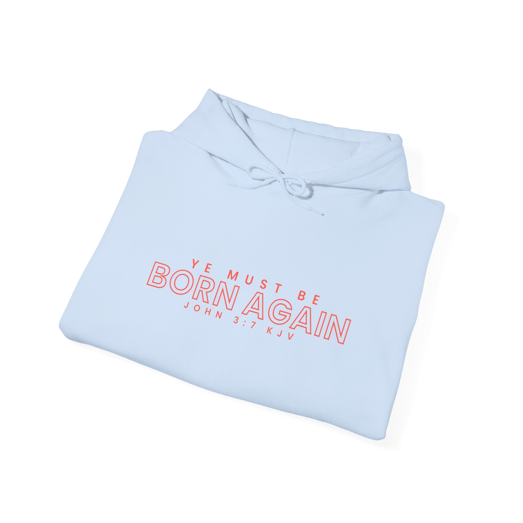 Unisex Heavy Blend hoodie with "Ye Must Be Born Again" print, featuring a hood, drawstrings, and a casual fit, by Printify.
