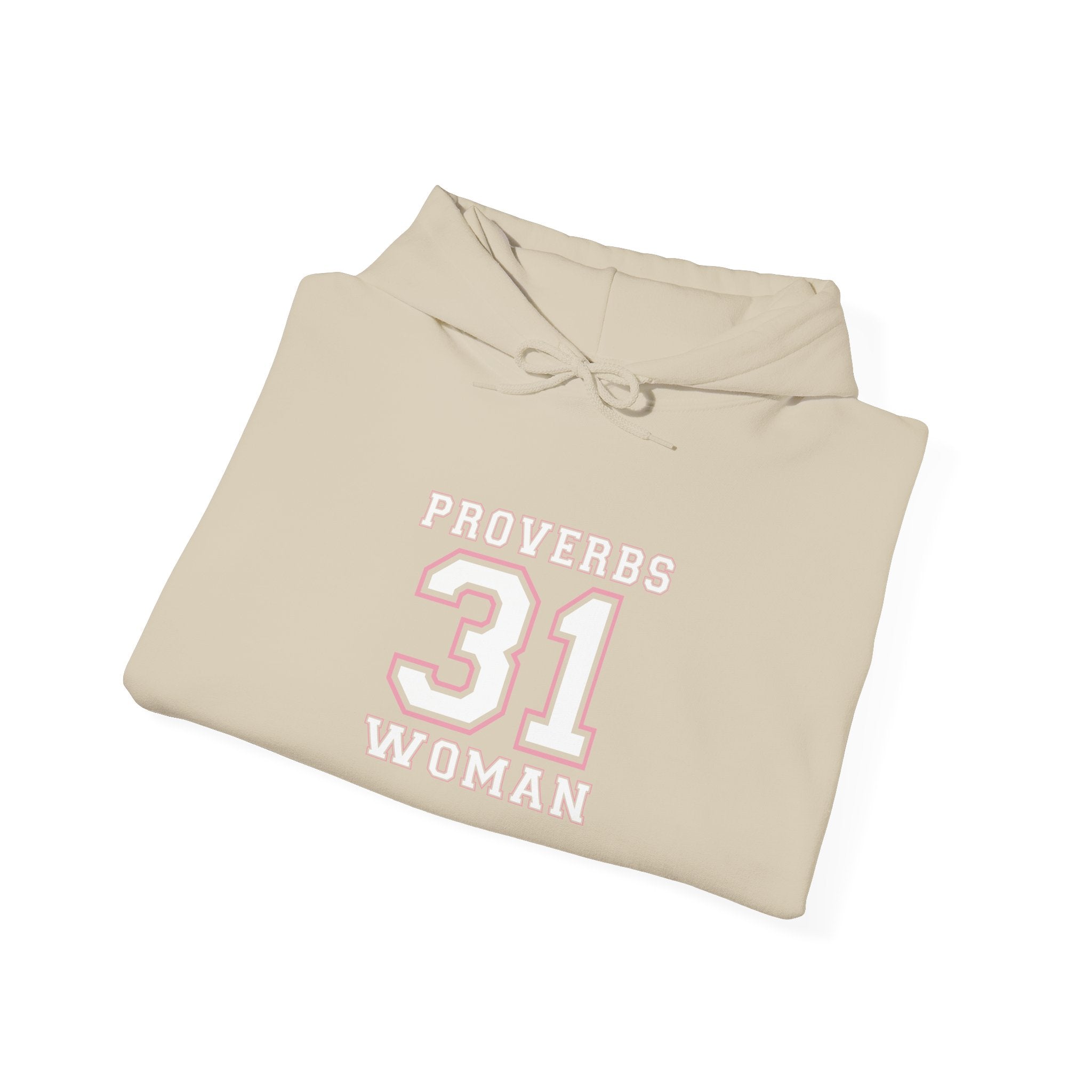 Unisex Heavy Blend hoodie featuring Proverbs 31 Woman text, black fabric, and front pocket, by Printify.