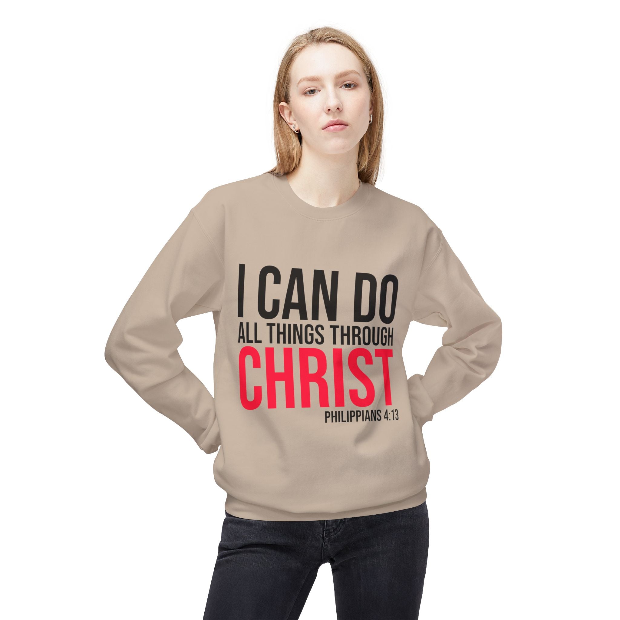 Unisex midweight softstyle fleece crewneck sweatshirt with inspirational "I Can Do All Things Through Christ" print by Printify.