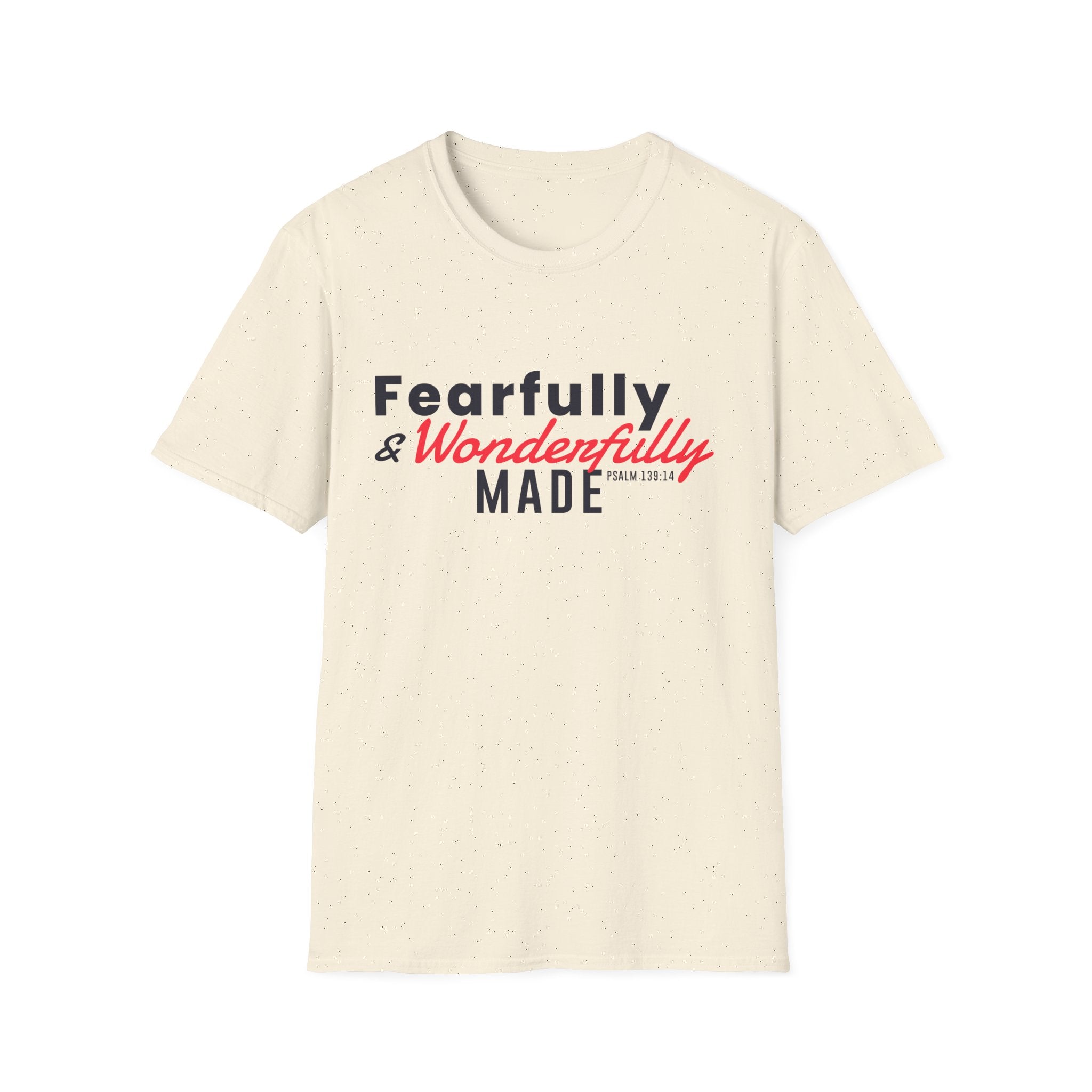 Unisex softstyle T-shirt by Printify featuring the "Fearfully and Wonderfully Made" design, white fabric with printed graphic.