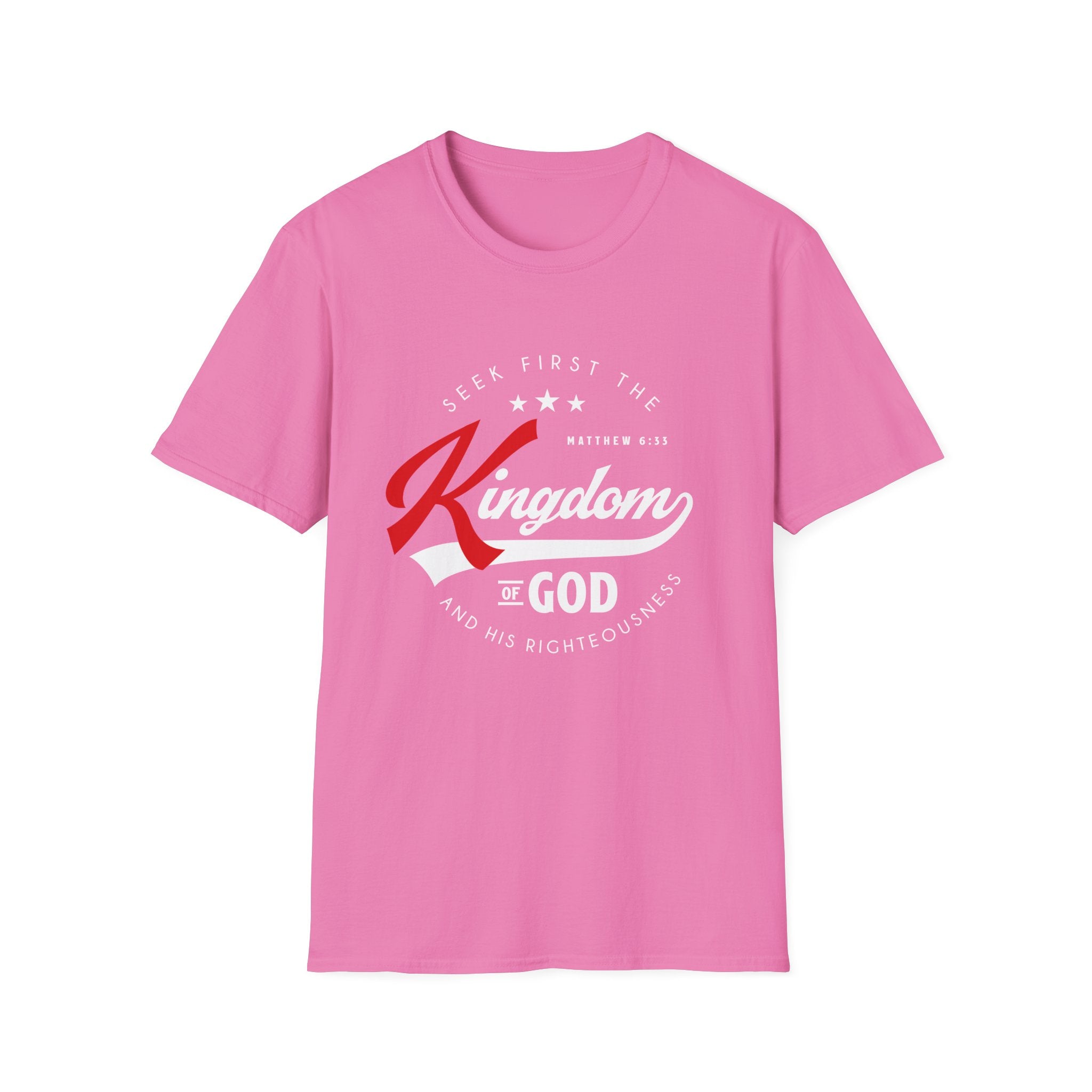 Unisex softstyle T-shirt with "Seek First the Kingdom of God" printed design, casual wear from Printify.