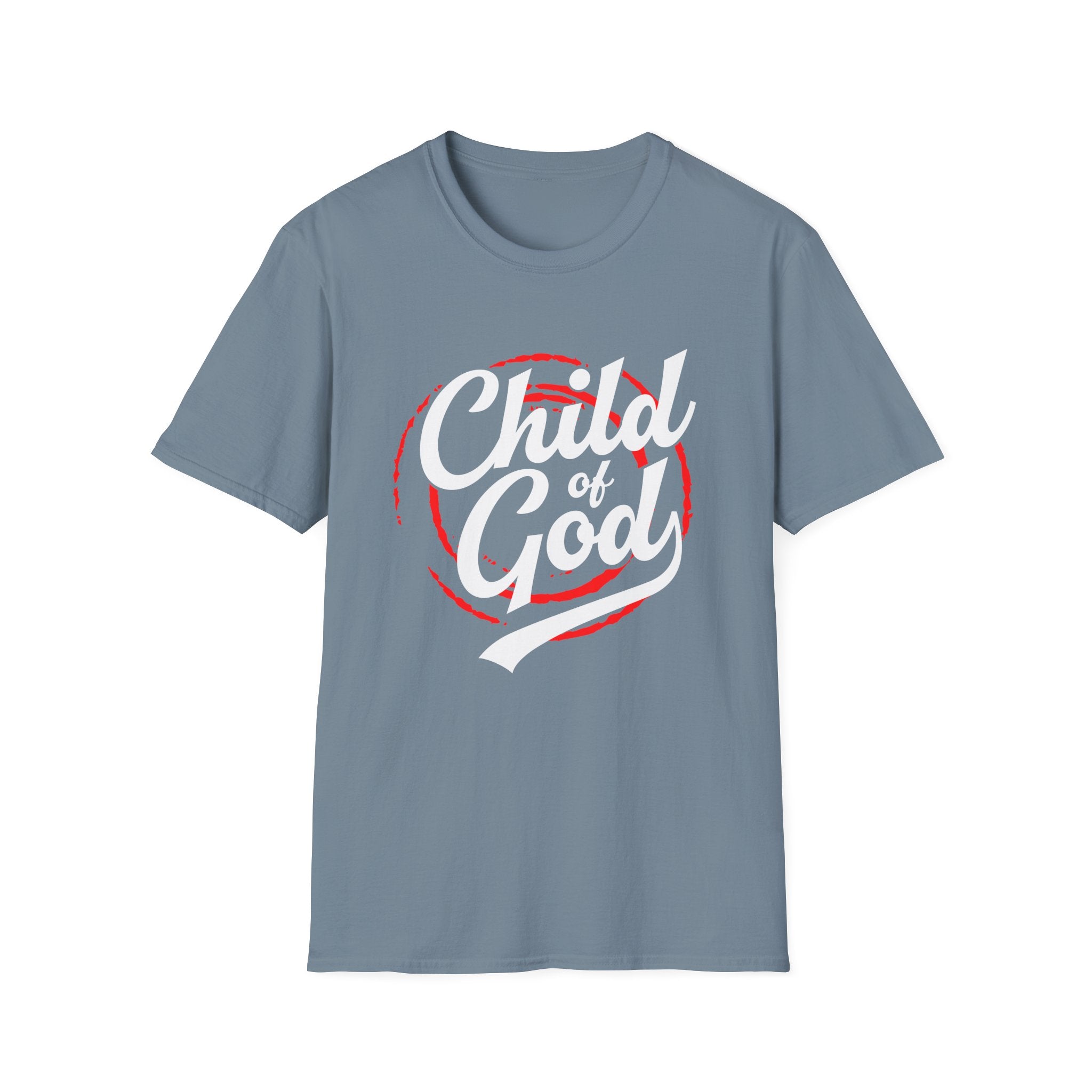 Unisex softstyle T-shirt with "Child of God" print, made by Printify, showing the front view in a casual wear setting.