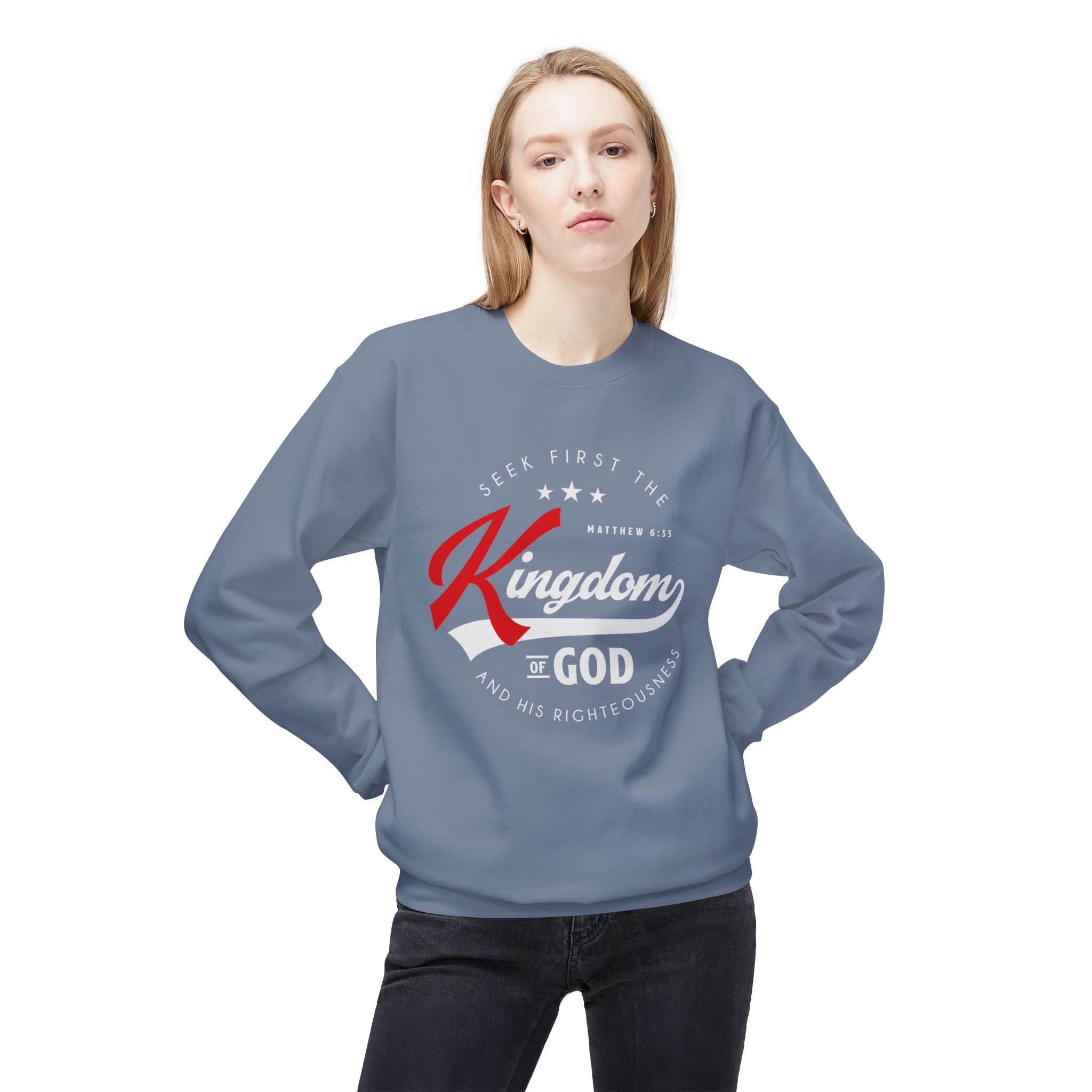 Unisex midweight softstyle fleece crewneck sweatshirt with "Seek First the Kingdom of God" printed in black on front.