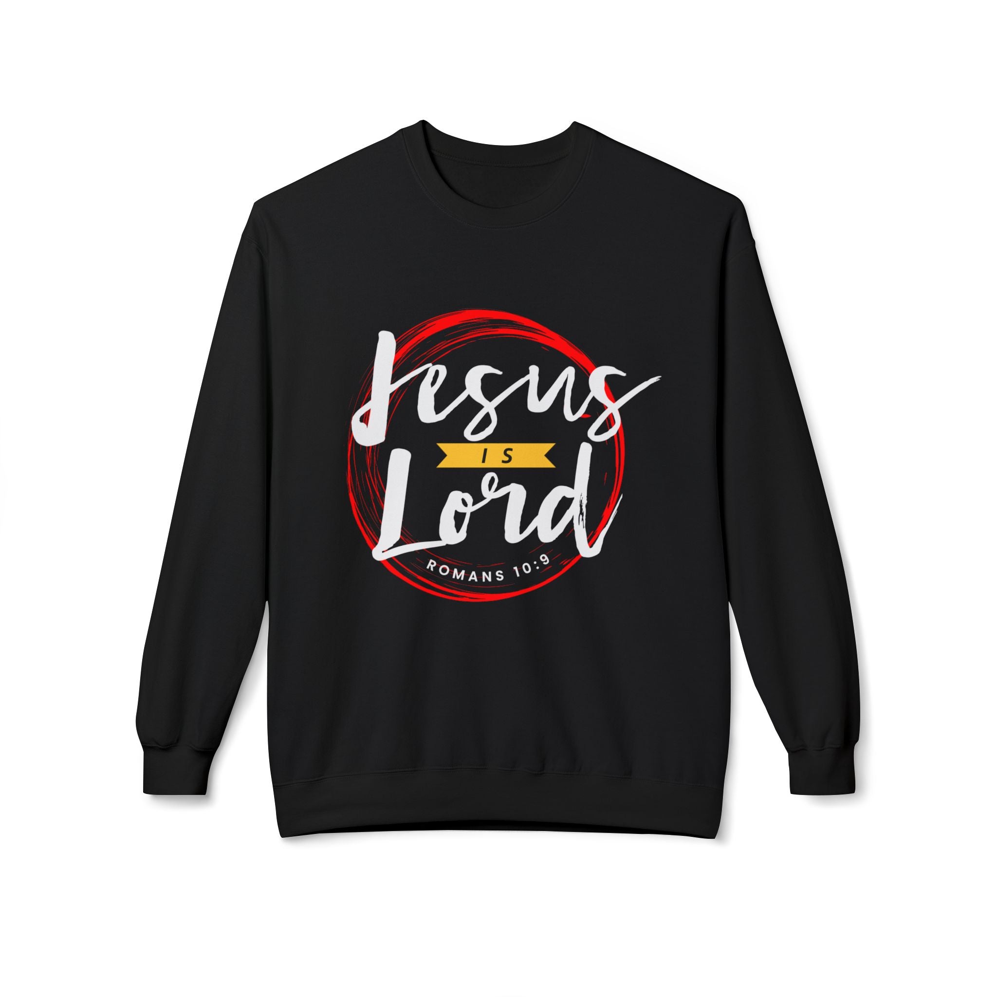 Unisex midweight softstyle fleece crewneck sweatshirt with "Jesus is Lord" print, made by Printify, shown on a plain background.