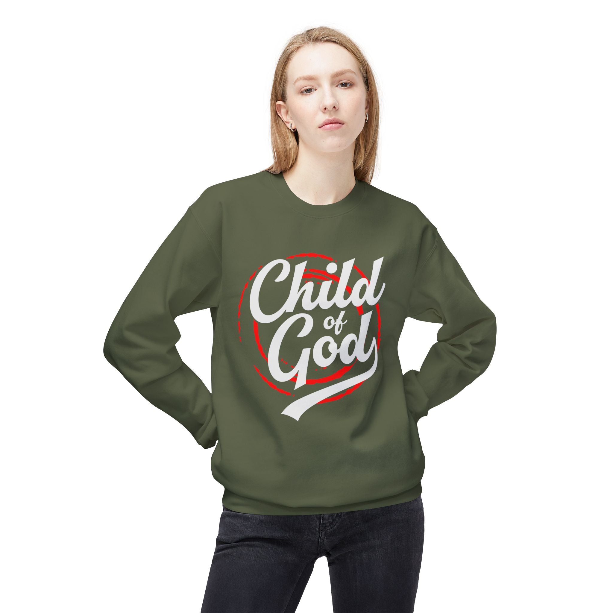 Unisex midweight Softstyle fleece crewneck sweatshirt with "Child of God" text, in a cozy, soft fabric by Printify.