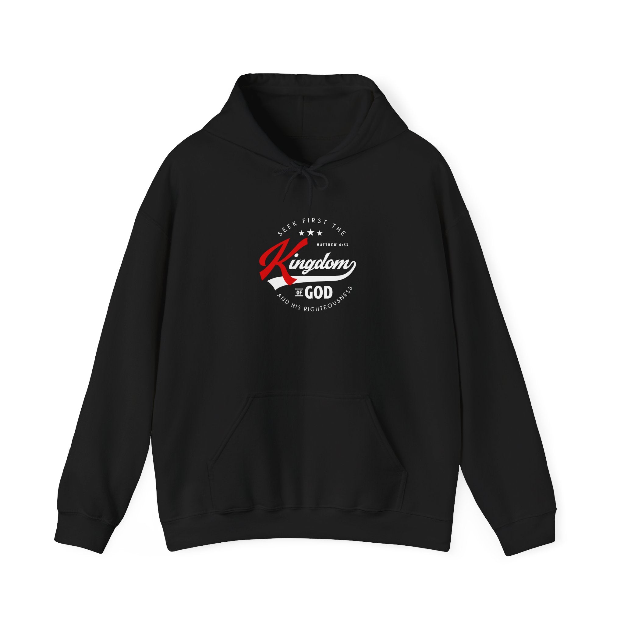 Unisex Heavy Blend hoodie with "Seek First the Kingdom of God" print, featuring a front pocket and adjustable hood.