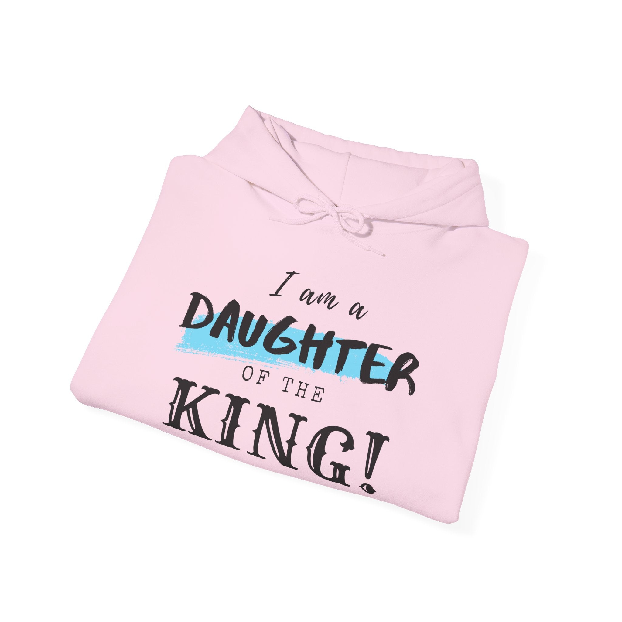 Unisex Heavy Blend hoodie with "I Am a Daughter of the King" print, featuring a front pocket and hood in a casual, comfortable style.