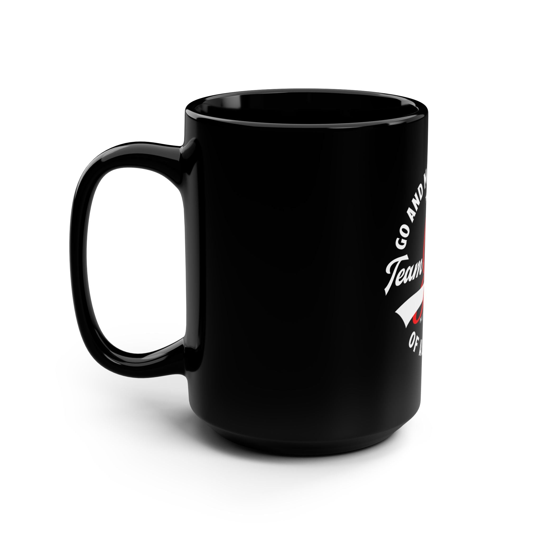 Black 15oz Team Jesus mug with bold white text, made by Printify, perfect for coffee or tea.