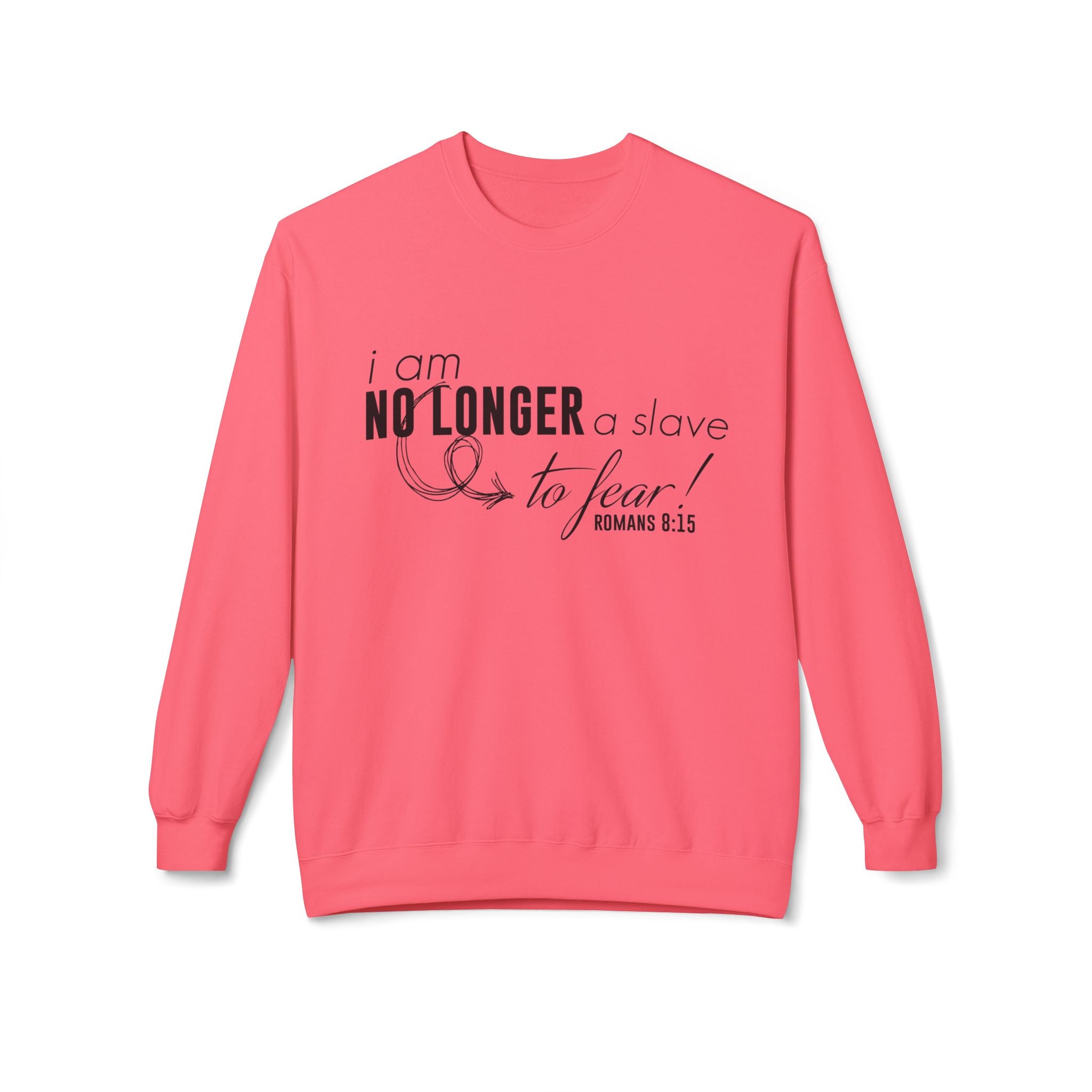 Unisex midweight softstyle fleece crewneck sweatshirt with "I am No Longer A Slave to Fear" print in black on a gray fabric.