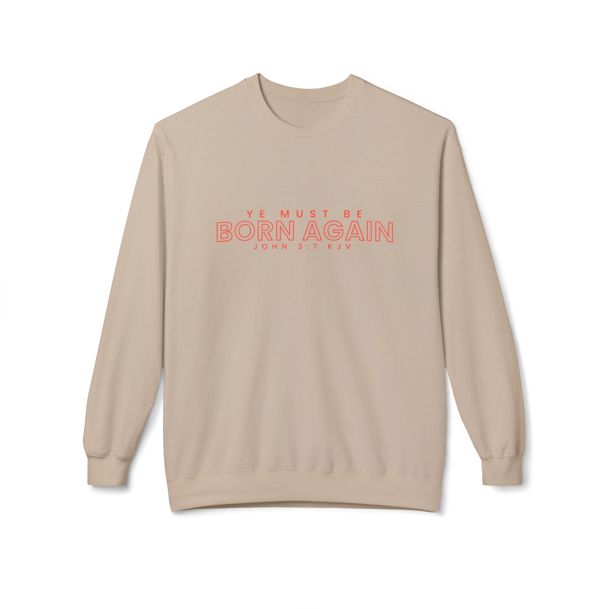 Unisex midweight softstyle fleece crewneck sweatshirt with "Ye Must Be Born Again" print, soft fabric, and comfortable fit.