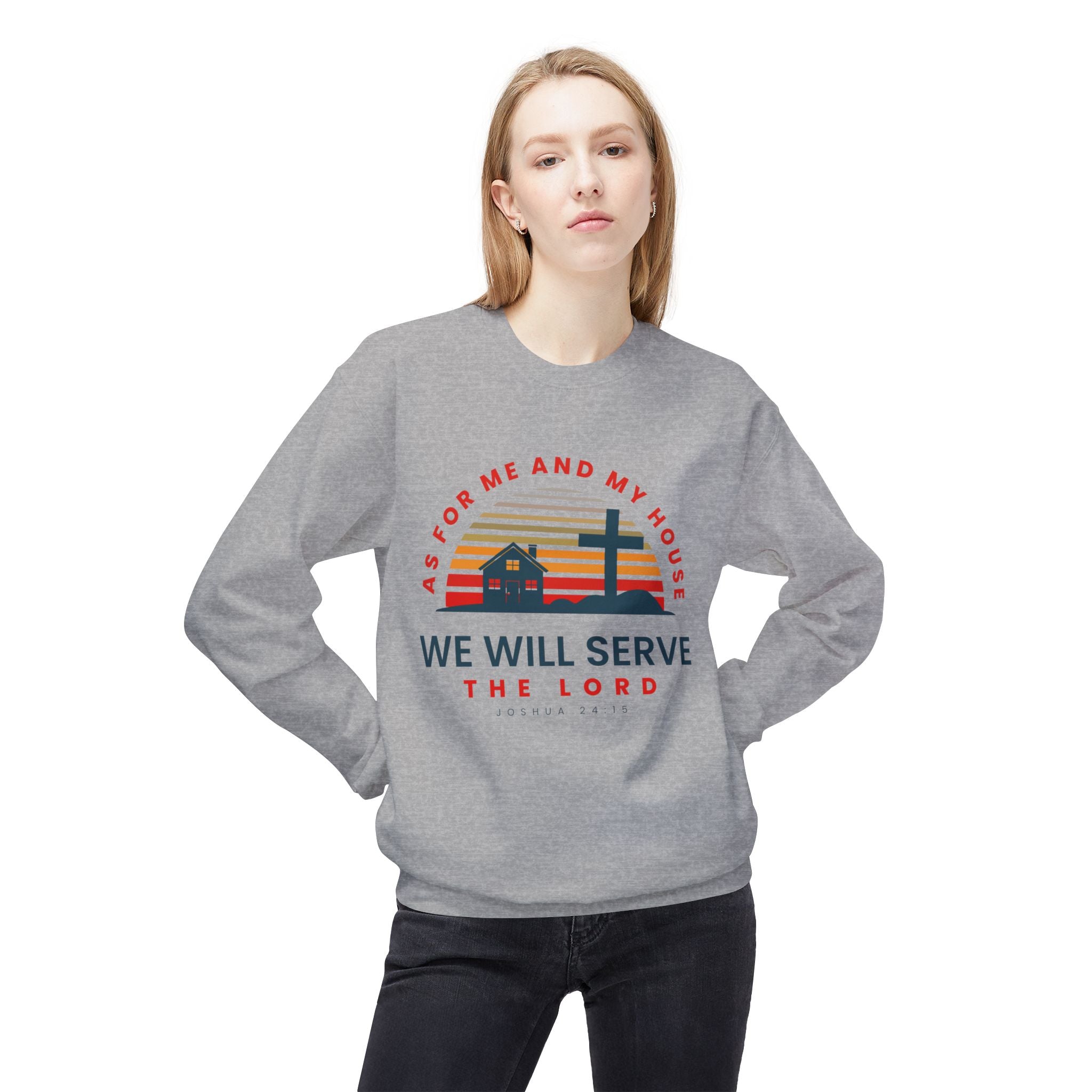 Unisex midweight softstyle fleece crewneck sweatshirt with religious quote "As for Me and My House We Will Serve the Lord" by Printify.