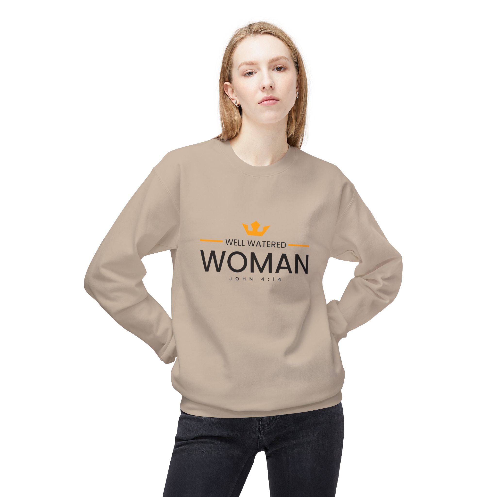 Unisex midweight softstyle fleece crewneck sweatshirt with "Well Watered Woman" design by Printify, shown on a neutral background.