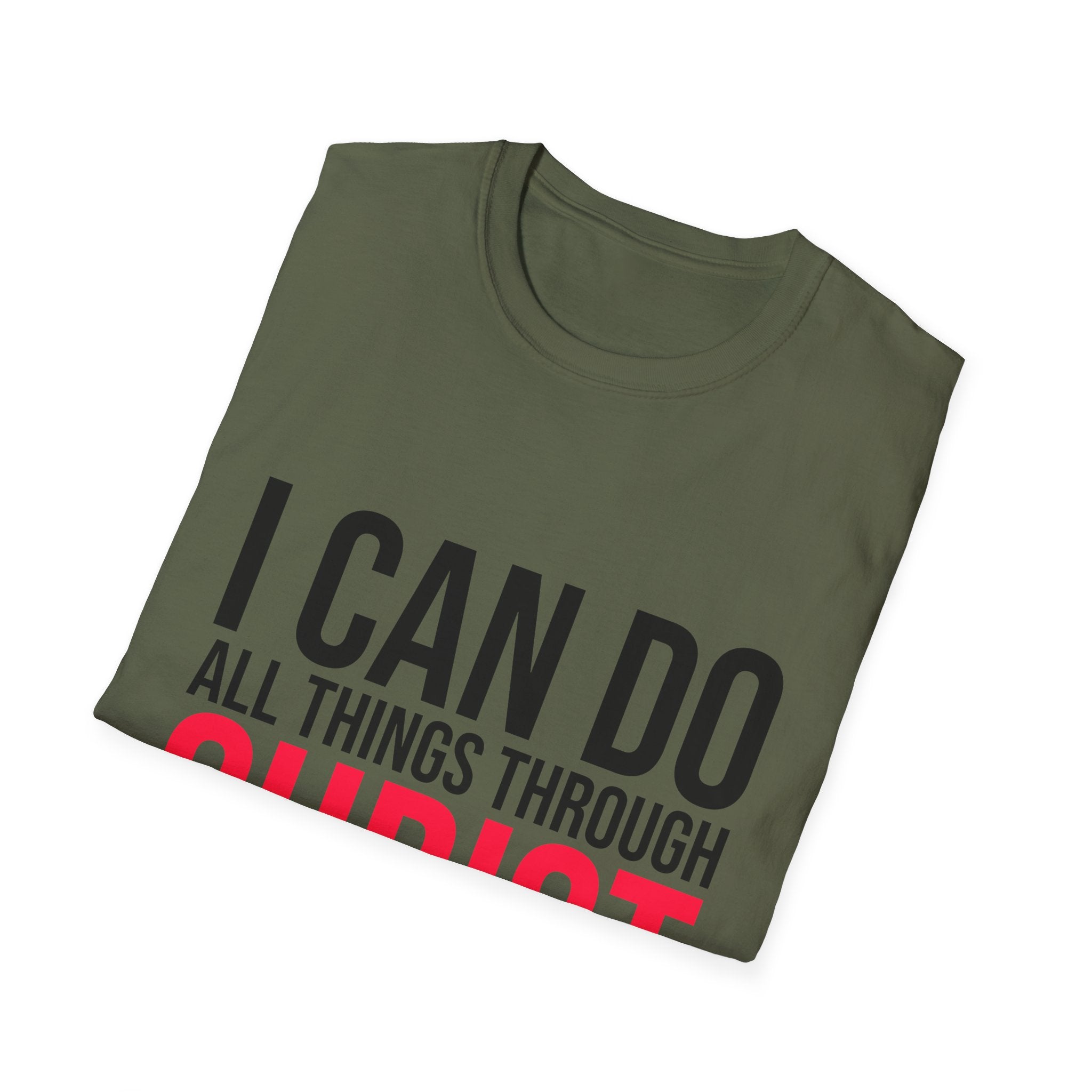 Unisex softstyle T-shirt with Christian quote "I Can Do All Things Through Christ," printed by Printify, shown on a plain background.