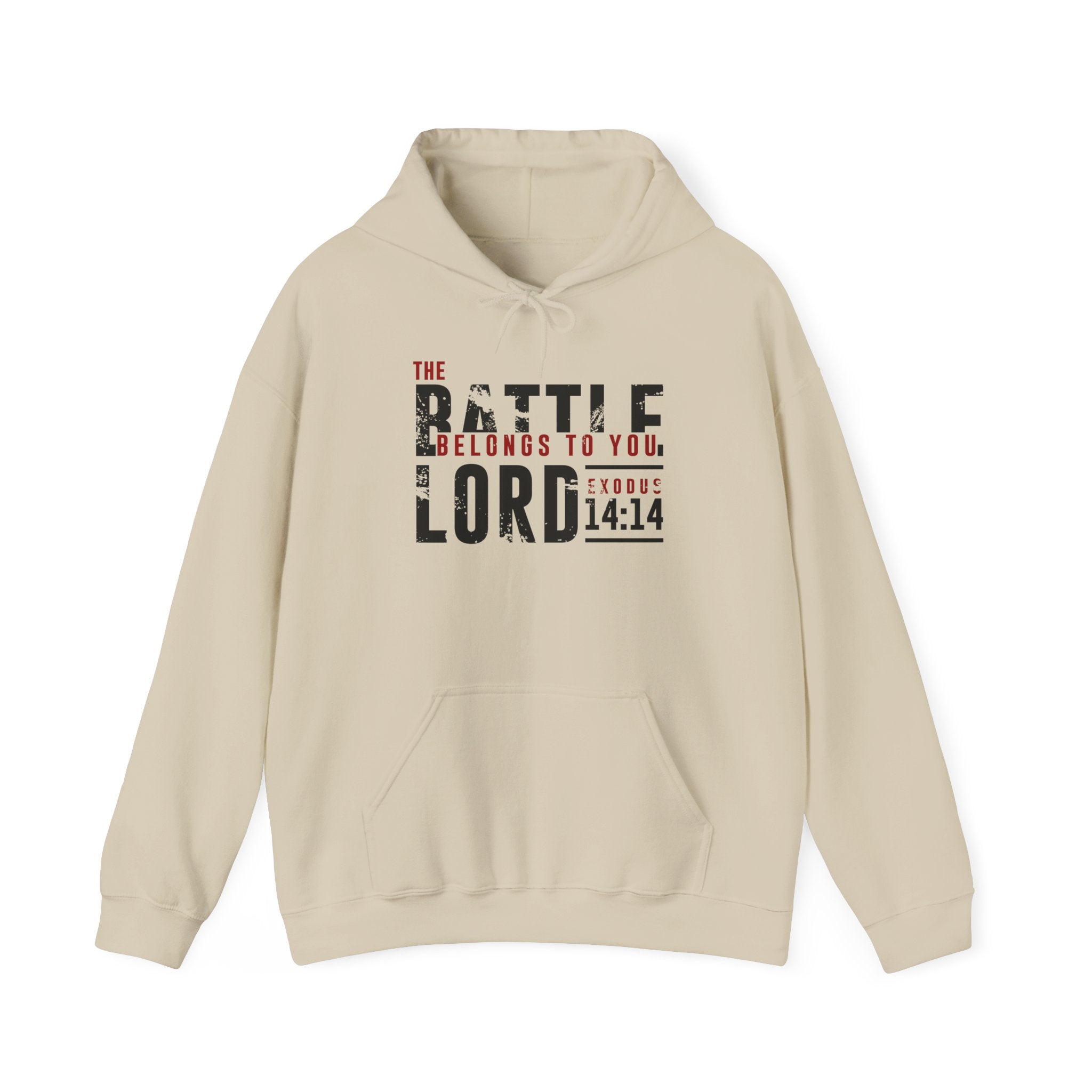 Unisex Heavy Blend™ Hoodie featuring "The Battle Belongs to the Lord" design, in black with a front pocket and hood.