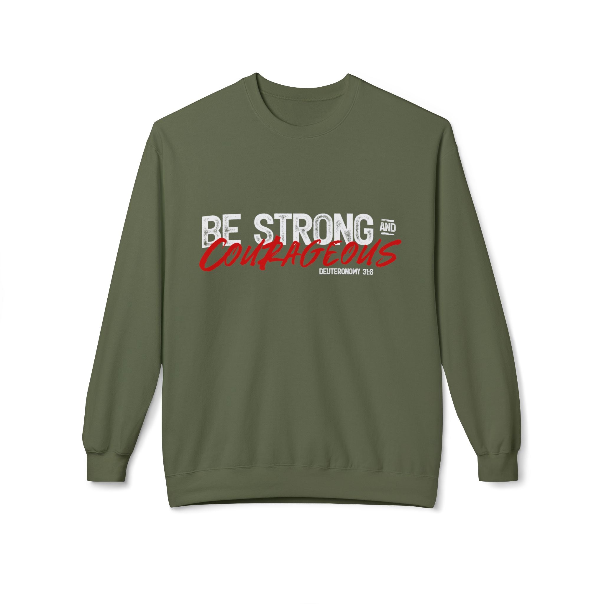 Unisex midweight softstyle fleece crewneck sweatshirt with "Be Strong and Courageous" print, in gray, from Printify.