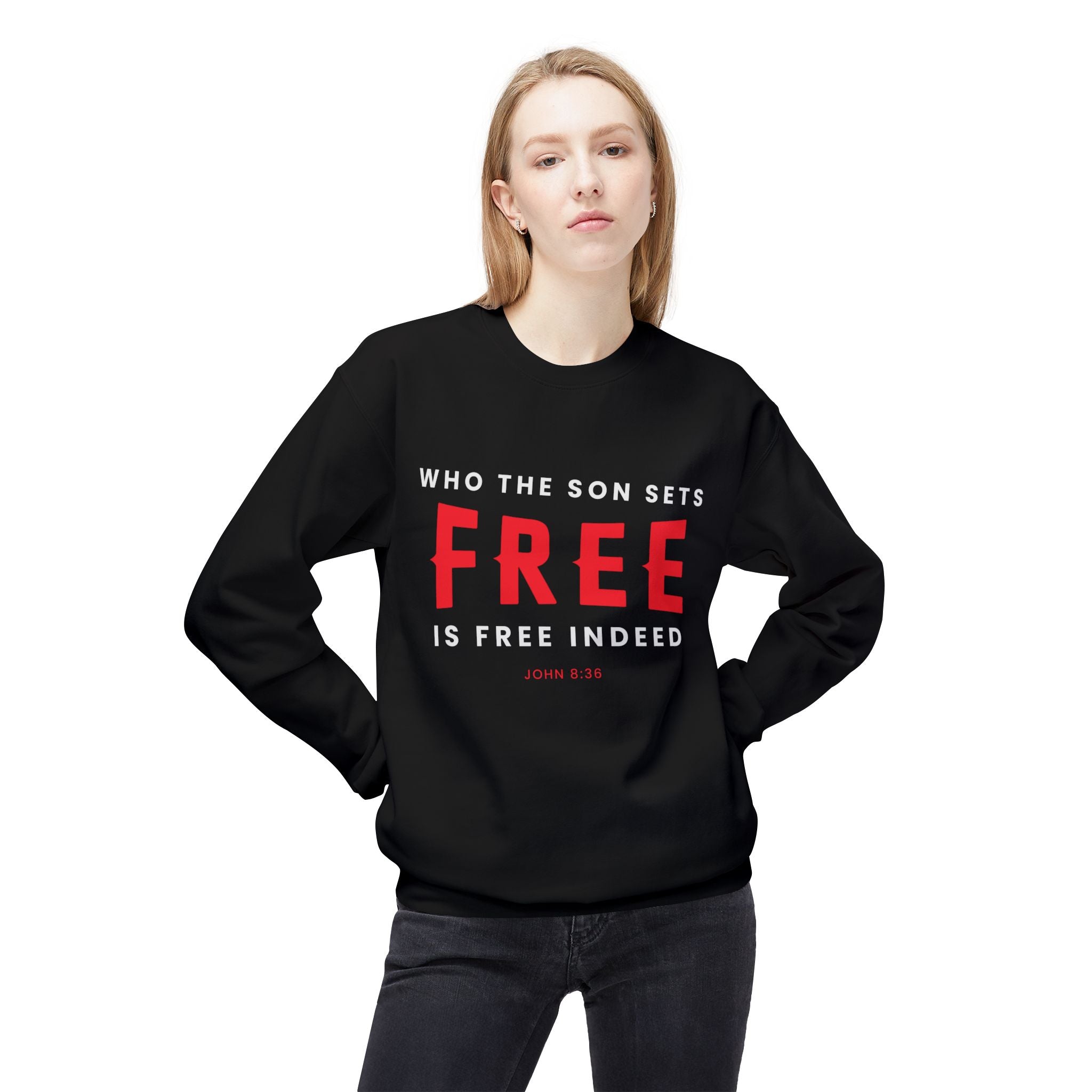 Unisex midweight softstyle fleece crewneck sweatshirt with "Who the Son Sets Free is Free Indeed" print, by Printify.