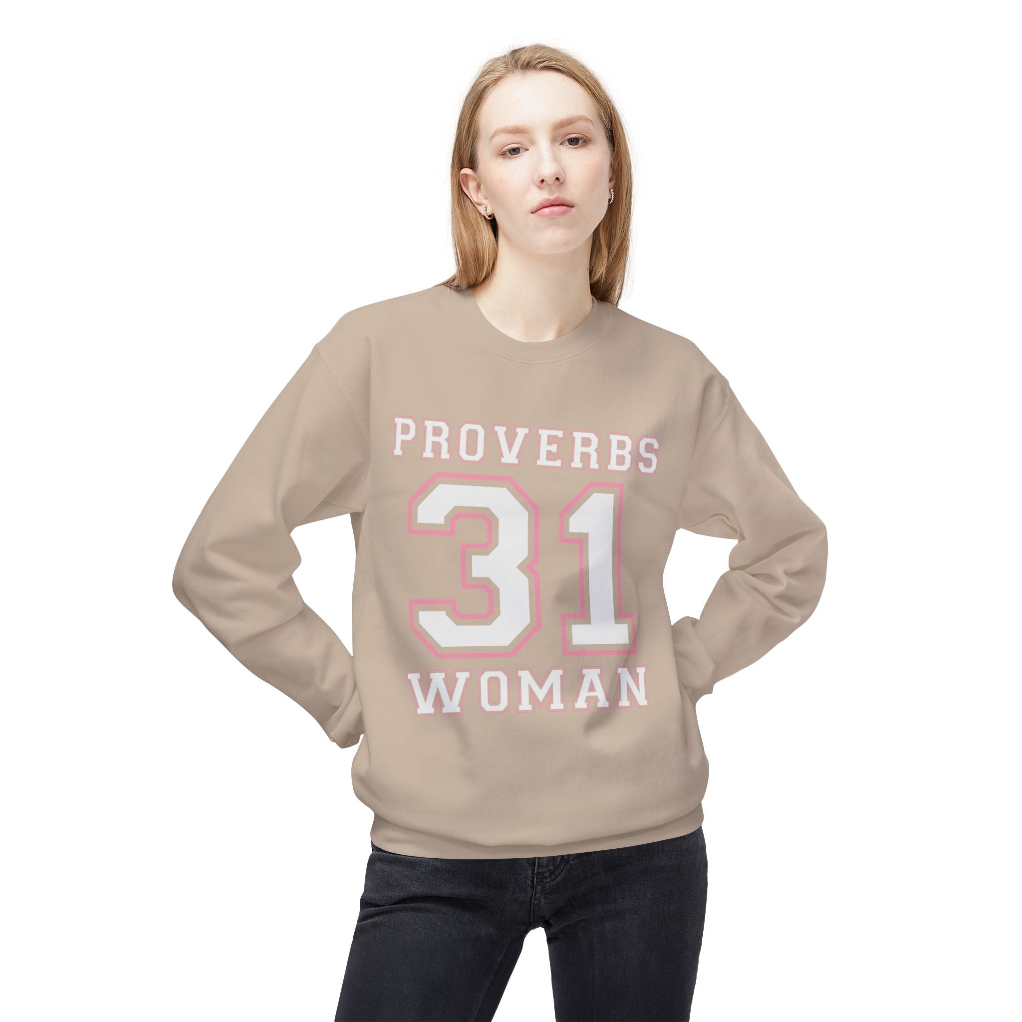 Unisex midweight softstyle fleece crewneck sweatshirt with Proverbs 31 Woman design by Printify, featuring a cozy, stylish fit.