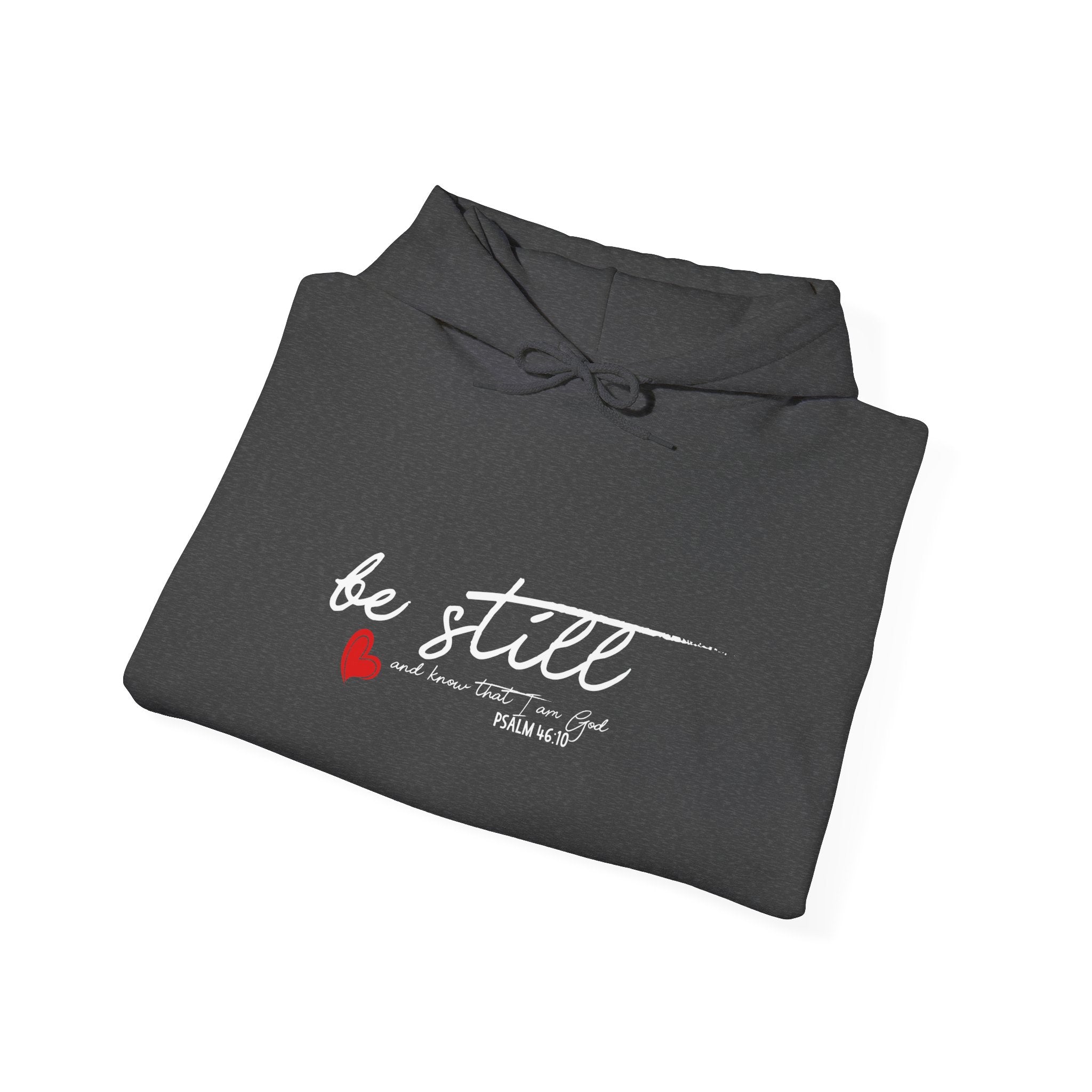 Unisex Heavy Blend™ hoodie with "Be Still" print, featuring a front pocket and drawstring hood in a casual, comfortable fit.