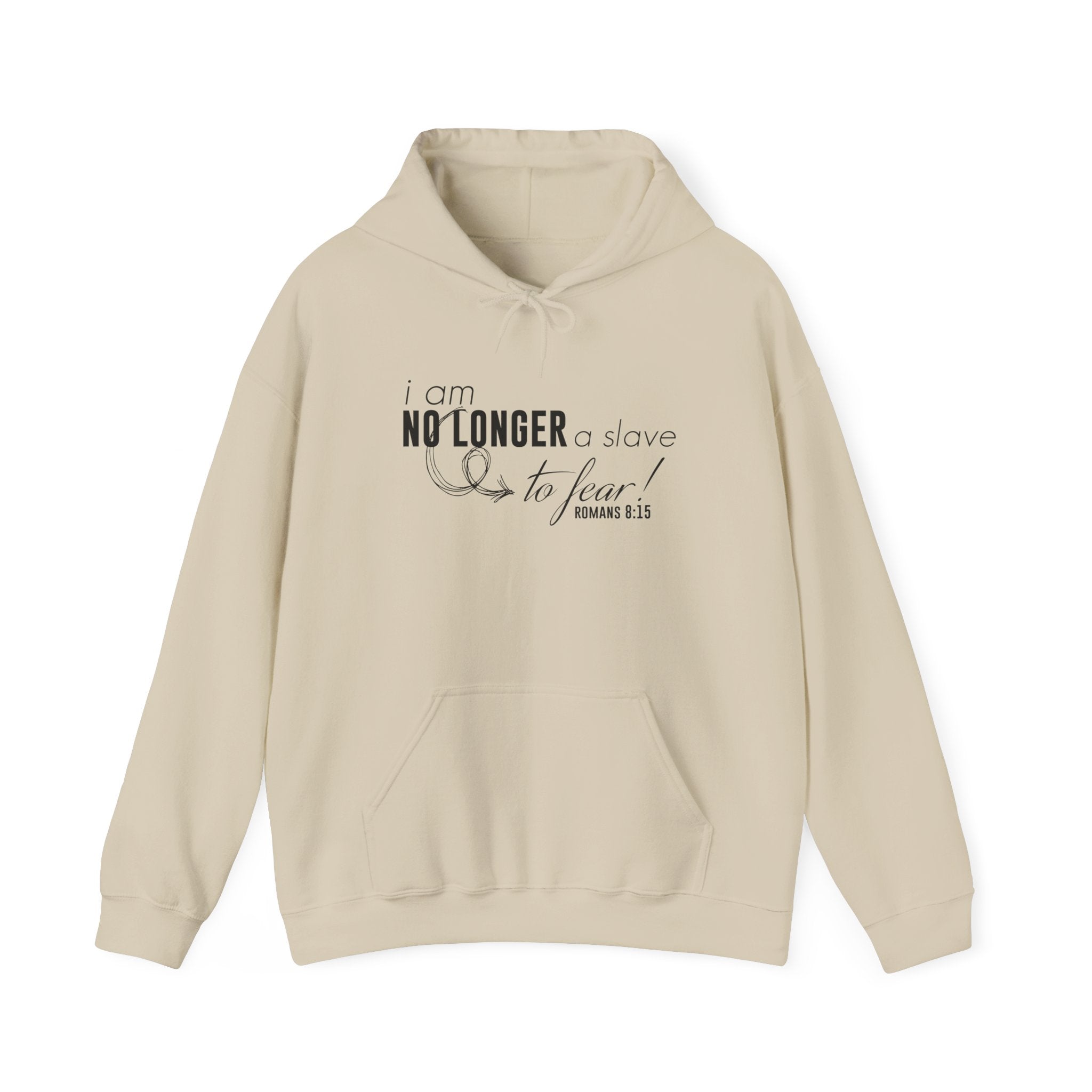 Unisex Heavy Blend hoodie with "I am No Longer A Slave to Fear" printed text, black sweatshirt, front view.