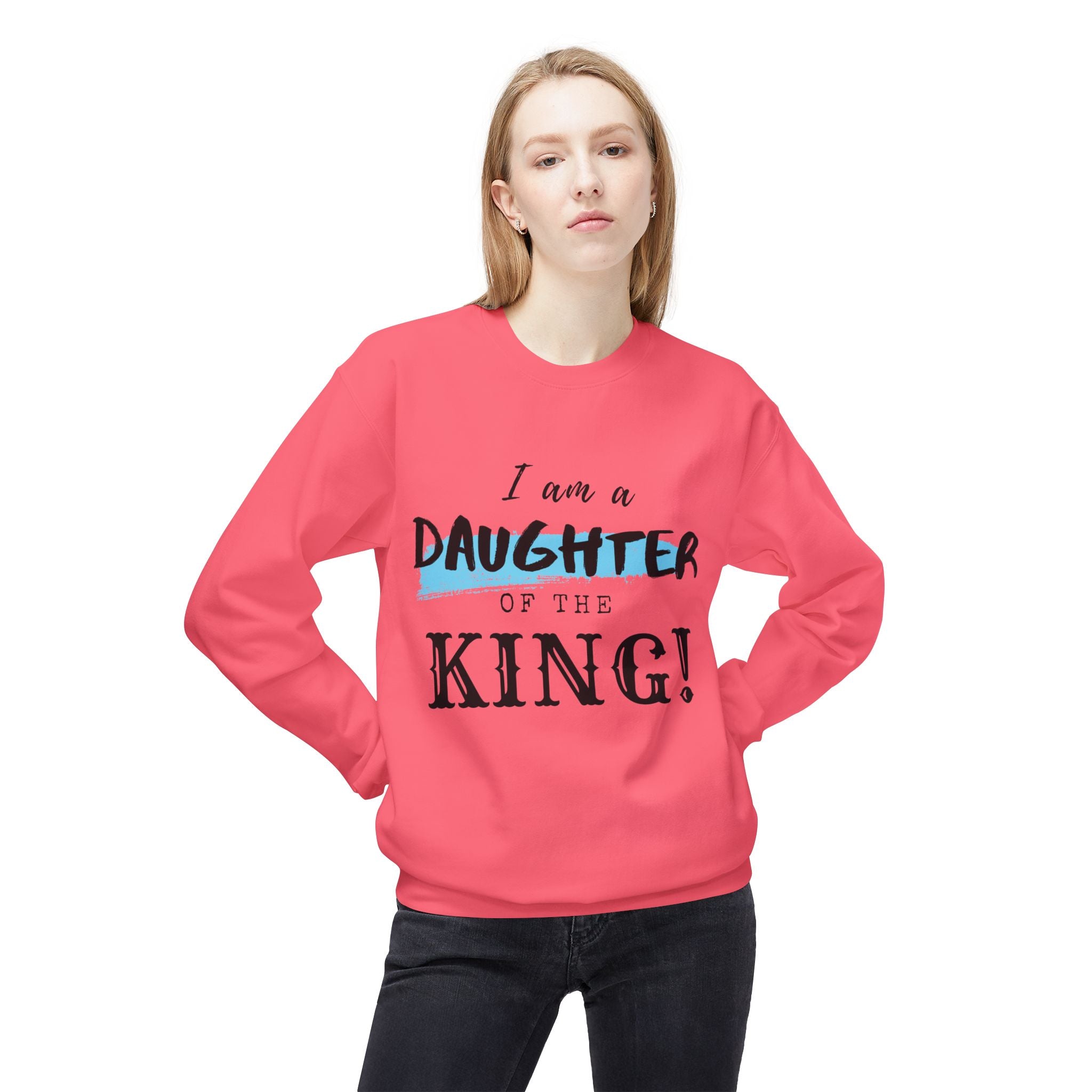 Unisex midweight softstyle fleece crewneck sweatshirt with "I Am a Daughter of the King" text, in a comfortable, casual style.