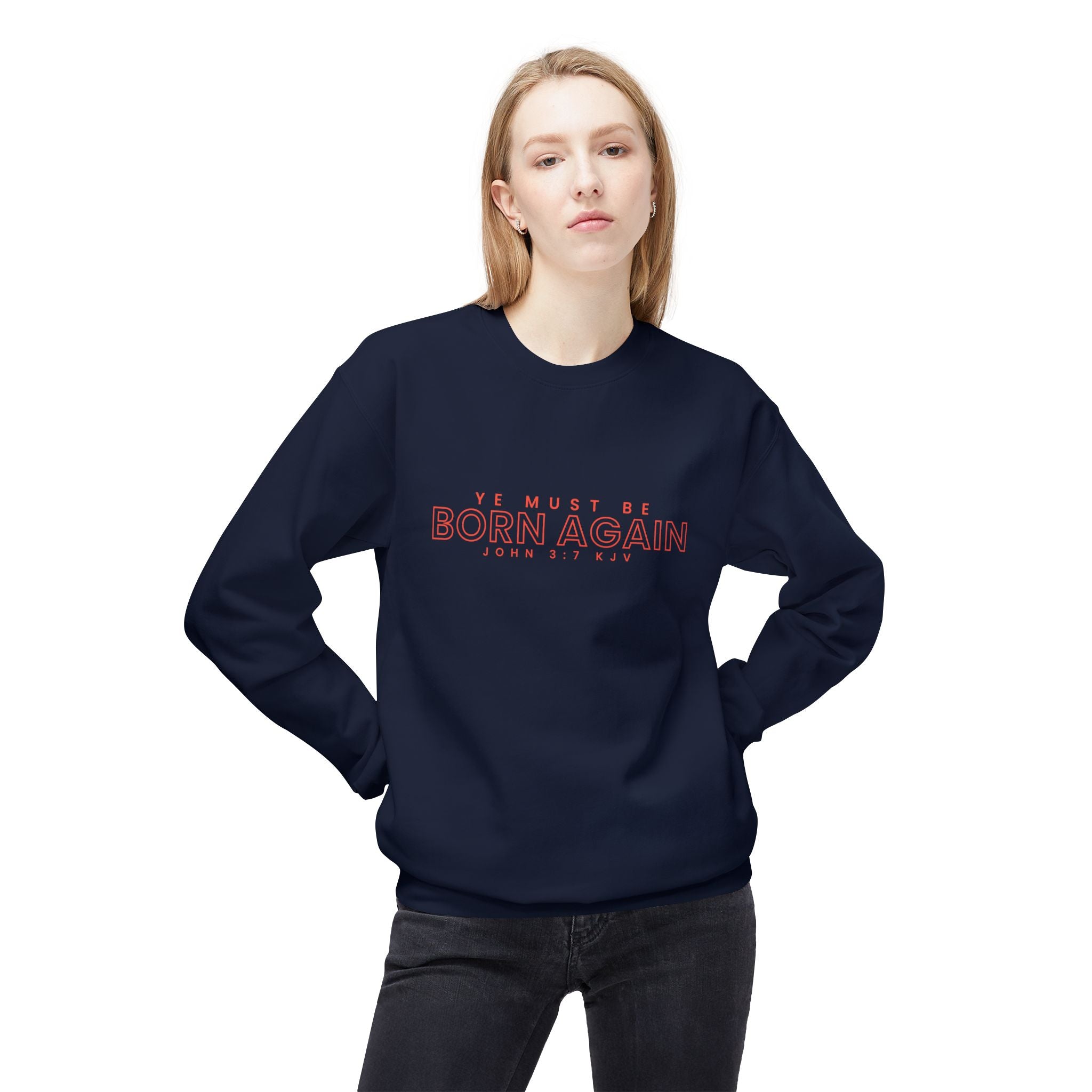 Unisex midweight softstyle fleece crewneck sweatshirt with "Ye Must Be Born Again" print, in a casual fit and comfortable fabric.