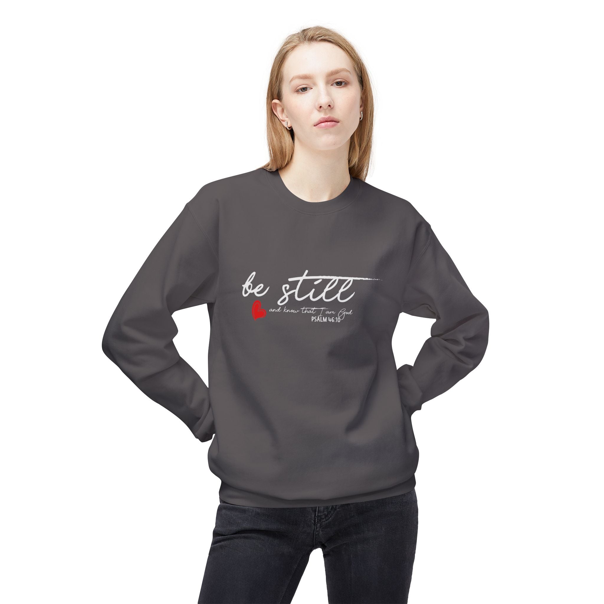 Unisex midweight softstyle fleece crewneck sweatshirt with "Be Still" print by Printify, shown in a relaxed fit with a soft fleece texture.