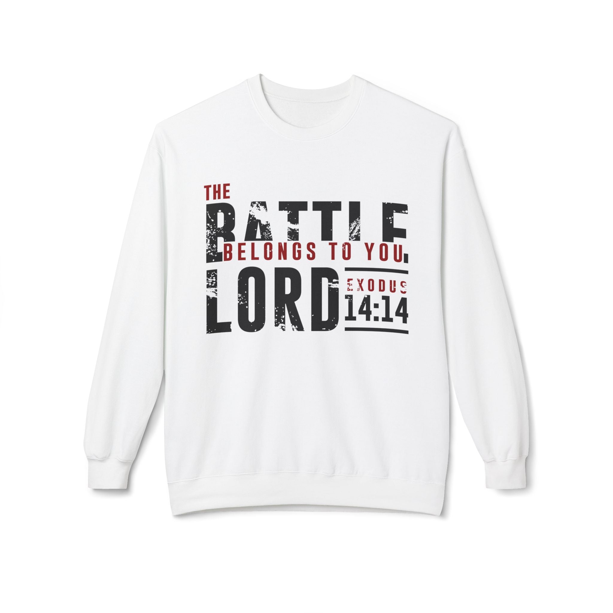 Unisex midweight softstyle fleece crewneck sweatshirt with "The Battle Belongs to the Lord" print by Printify, shown in natural color.